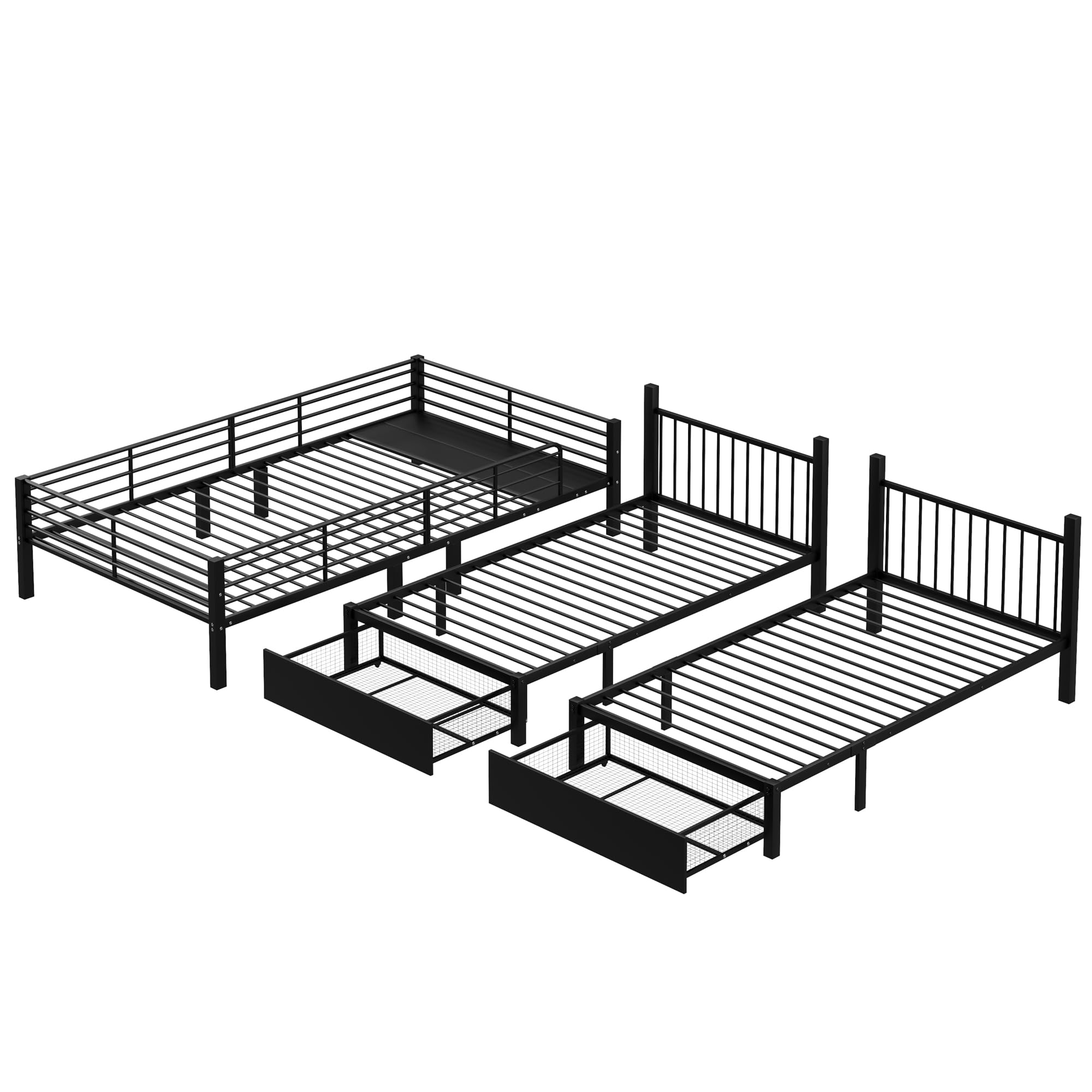 Lubvtti Letto a castello triplo con cassetti,trasformabile in letto matrimoniale 140 x 200 e due letto singolo 90 x 200,struttura in metallo,Nero