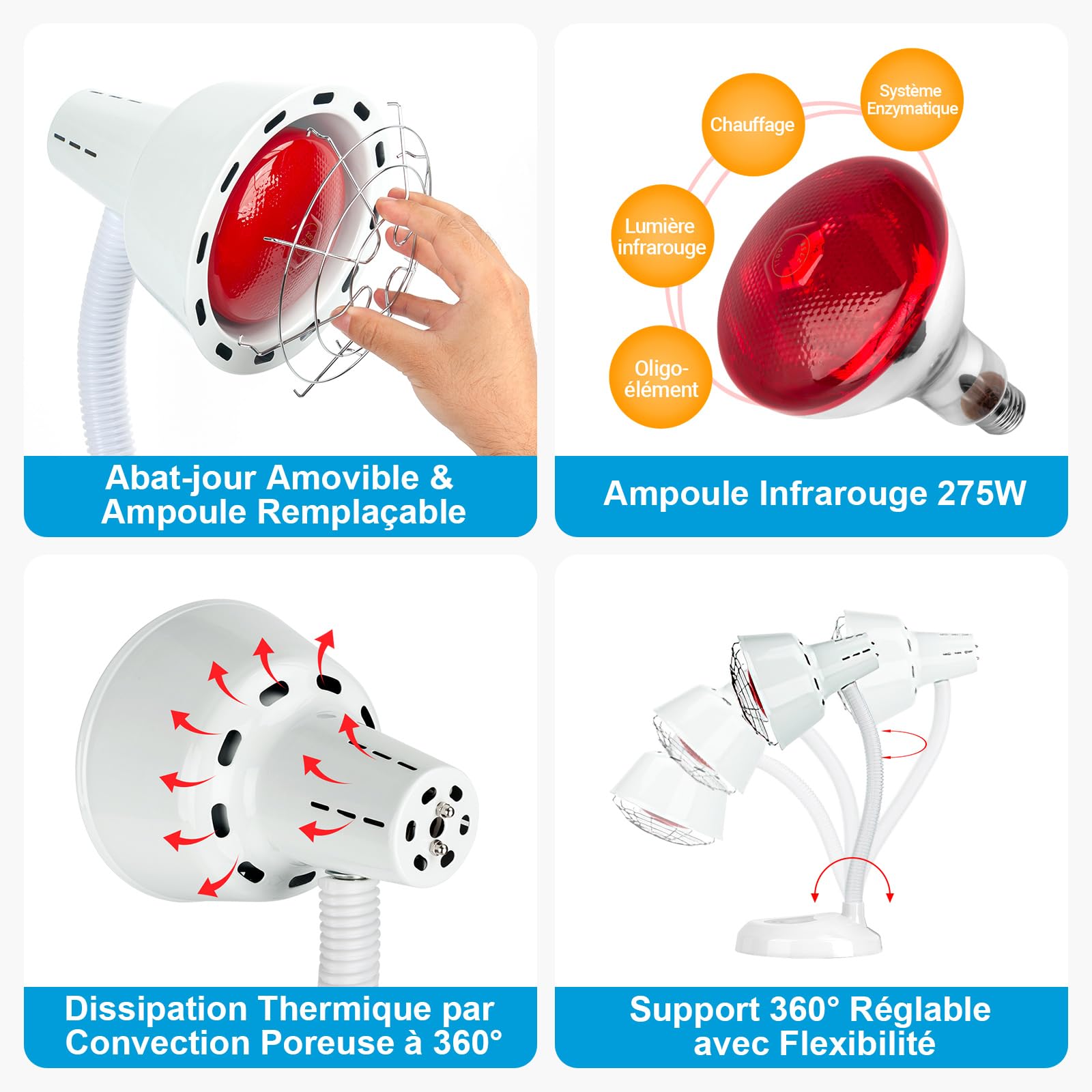 Lampe infrarouge 275W, 10 températures, minuterie | 40–100°C, 5–30 min, anti-brûlure, 360°, détente à domicile