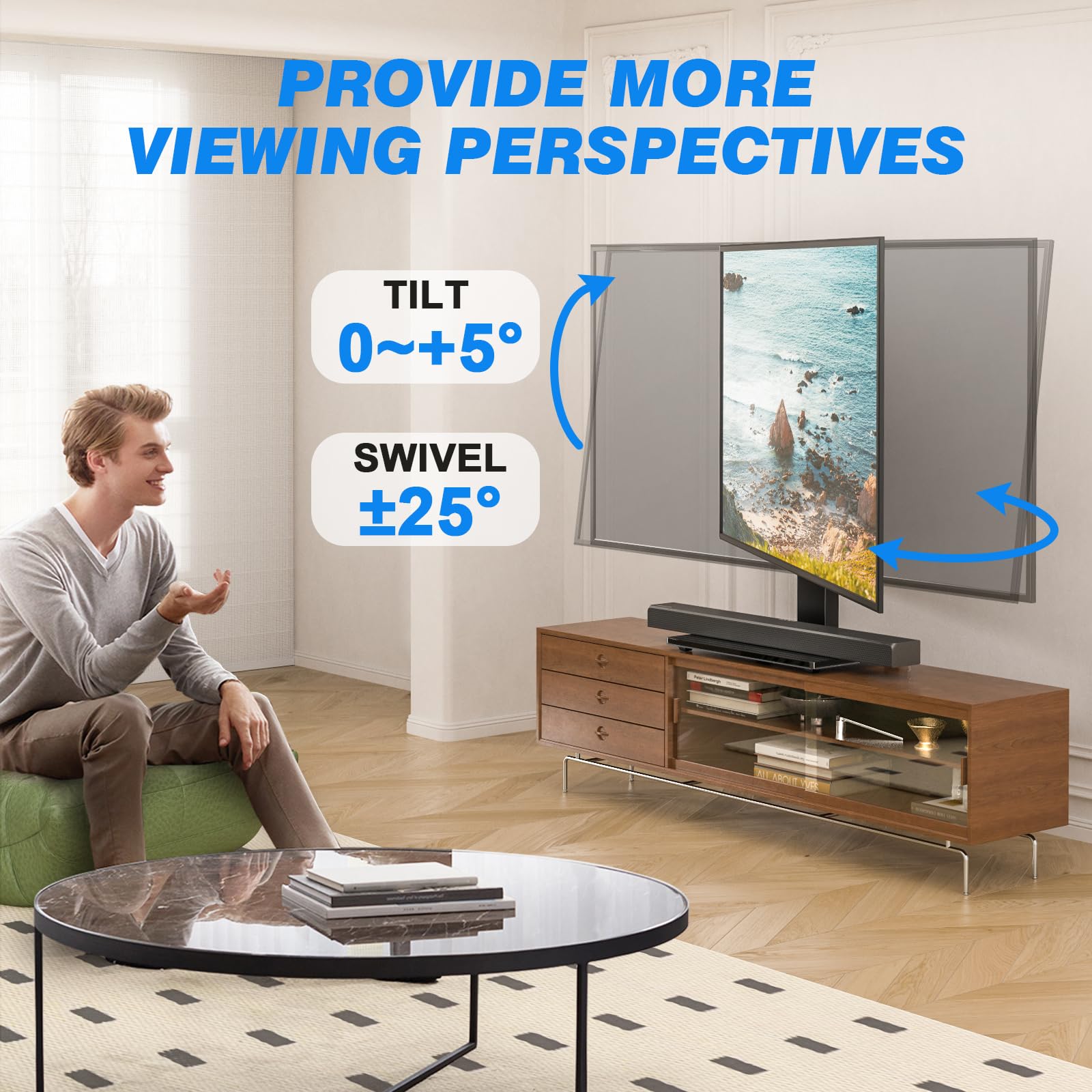 Rfiver Supporto universale girevole per TV da tavolo per TV LCD da 37 a 65,70,75 pollici fino a 49,9 kg - Supporto centrale regolabile in altezza con base in vetro temperato resistente