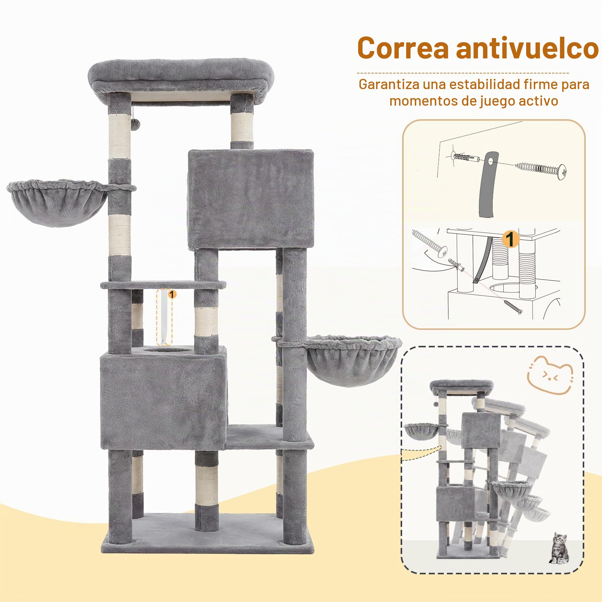 Heybly Árbol para Gatos de 173 cm para Gatos de Interior, Torre Resistente con Plataforma Superior Extra Grande, 2 Condos Acogedores, 2 Cestas, 10 Postes Rascadores de Sisal, Gris Claro HCT059W