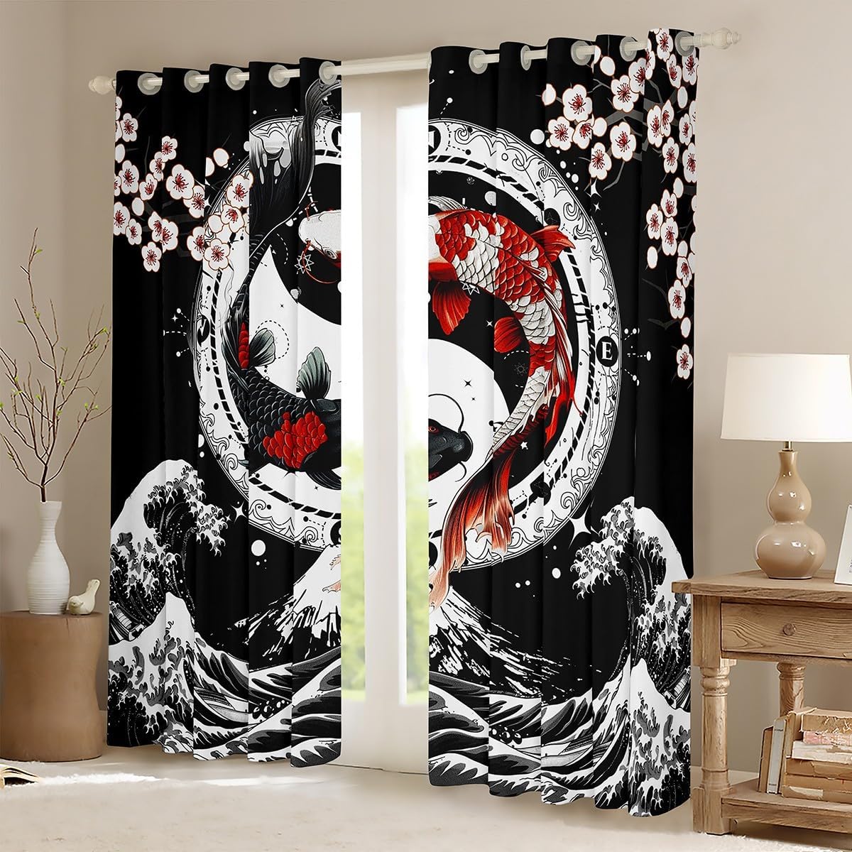 Feelyou Japanese Koi Fish Curtains for Bedroom (2 Panels, 42 x 84 Inch) Japanese Wave Blackout Curtains Boys Girls Cherry Blossoms Home Decor Darkening Drapes Japanese-Style Window Treatments