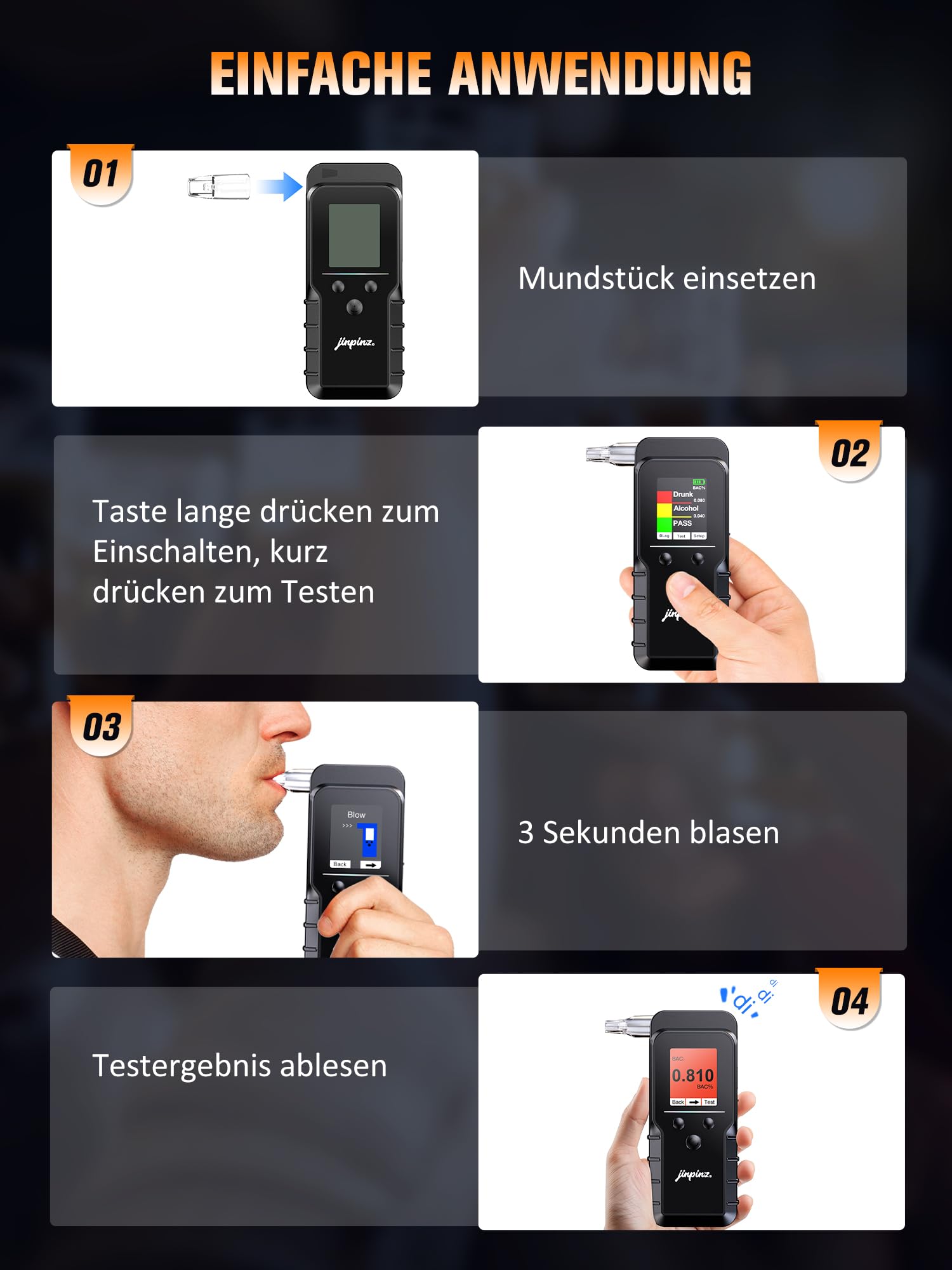 Alkoholtester mit elektrochemischem Sensor, hochpräziser digitaler Alkoholmessgerät USB-C Ladefunktion, Alkotester