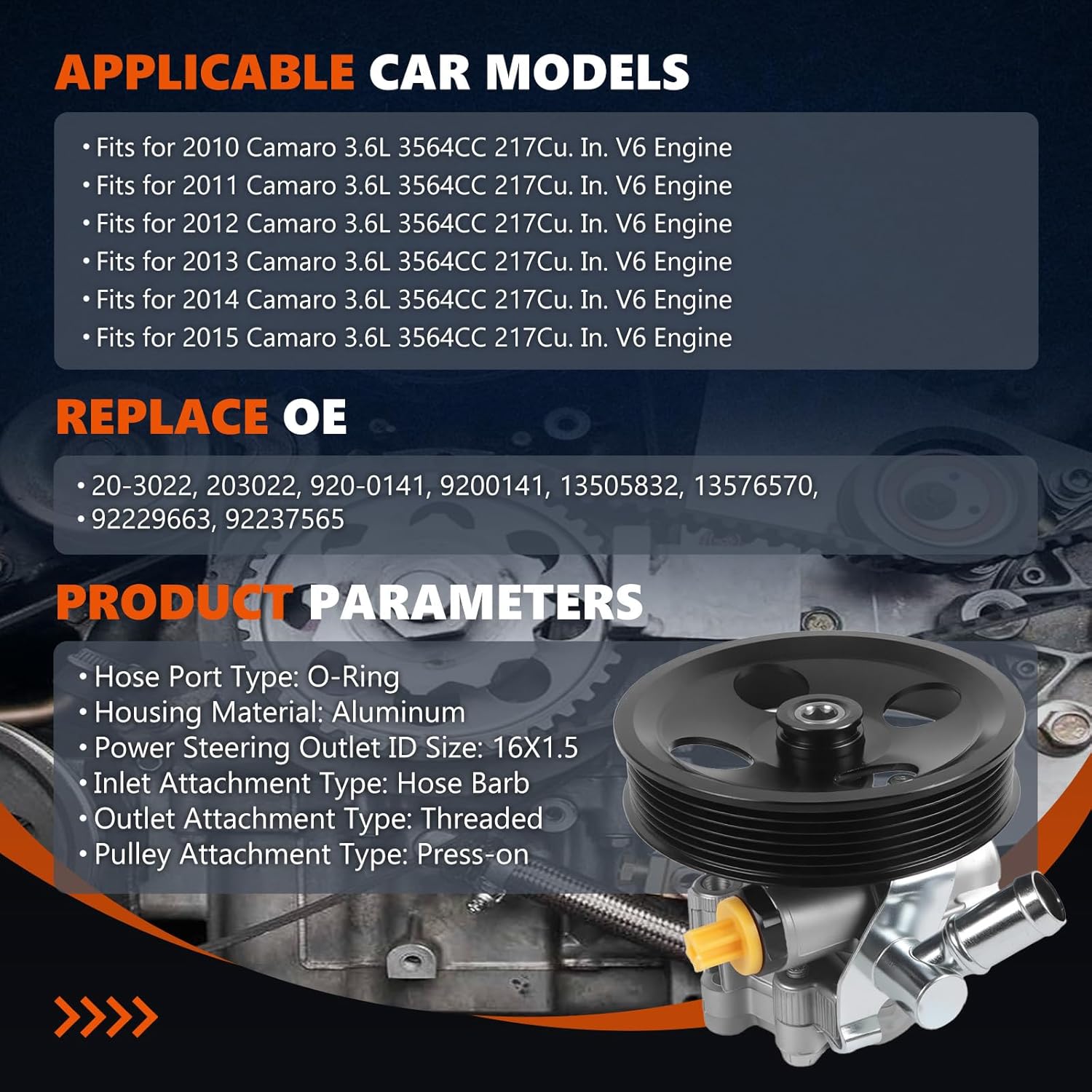 20-3022 Power Steering Pump with Pulley Fits for 2010 2011 2012 2013 2014 2015 Camaro 3.6L, OE-Quality Power Assist Pump, Replace OE 920-0141 13505832