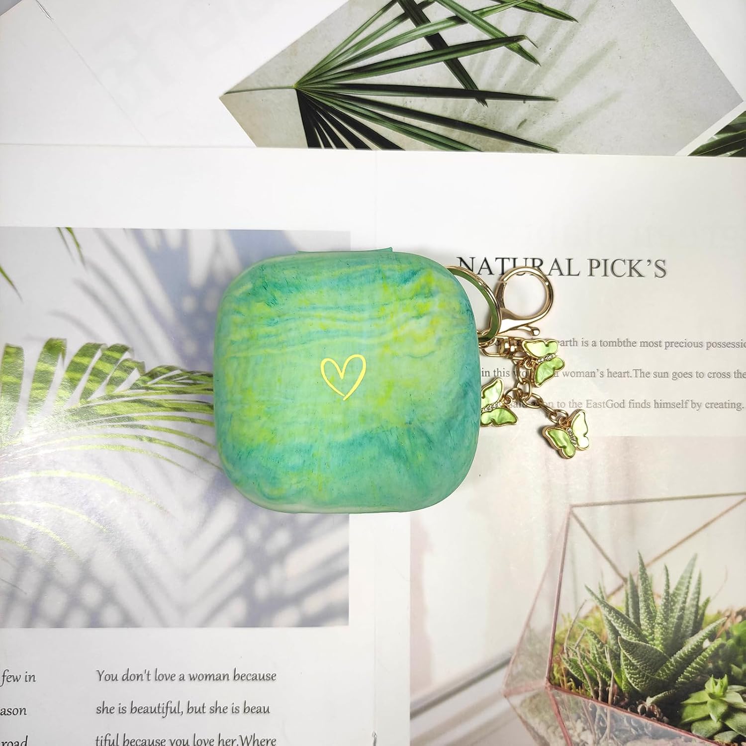 Compatible with Powerbeats Pro, Soft Silicone Case with Gold Heart Pattern for Powerbeats Pro Case with Cute Butterfly Keychain for Girls Women (Camouflage Green) - Image 5