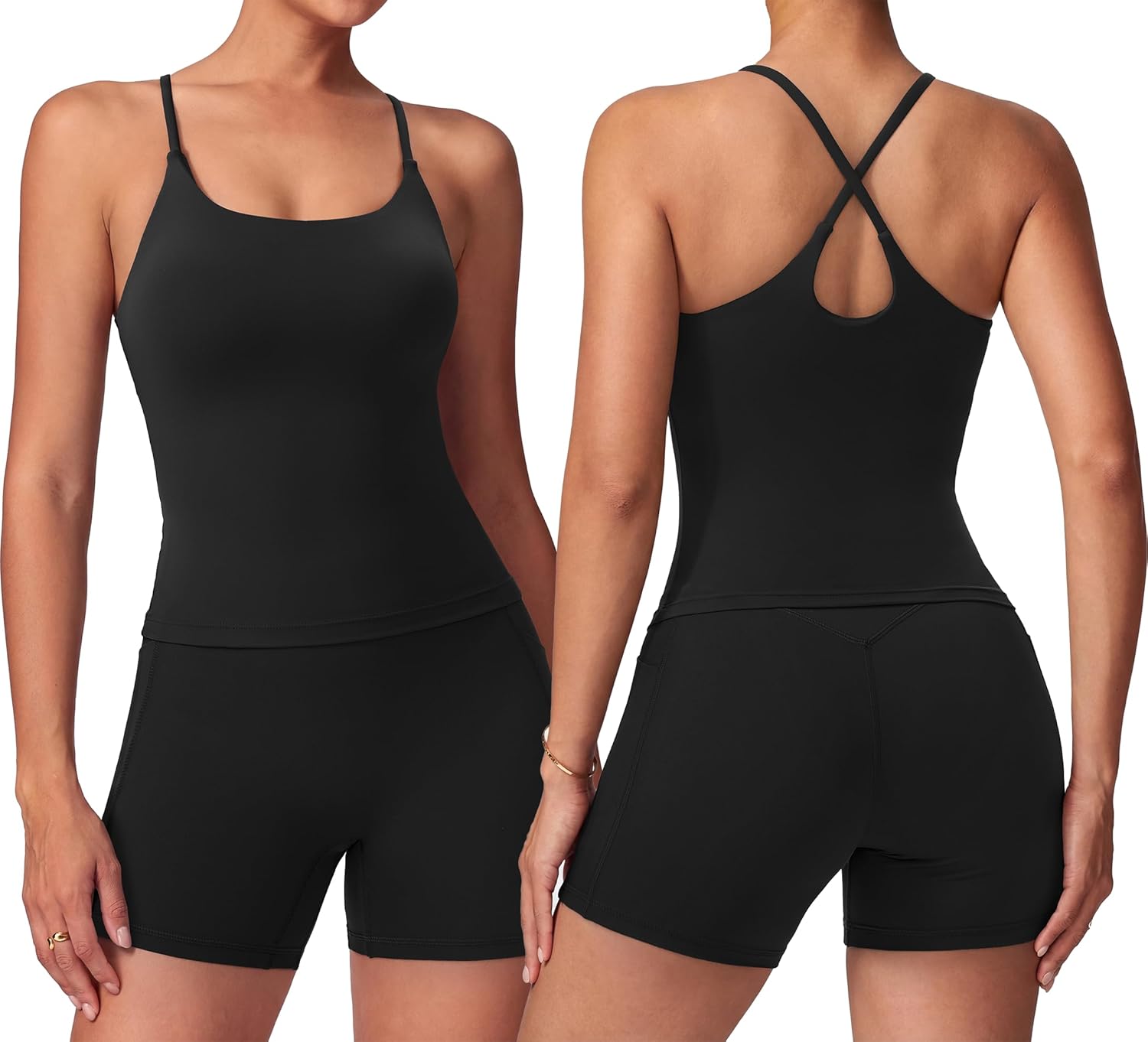 SUUKSESS Women 2 Piece Workout Sets Padded Gym Yoga Tank Top High Waisted Biker Shorts with Pockets