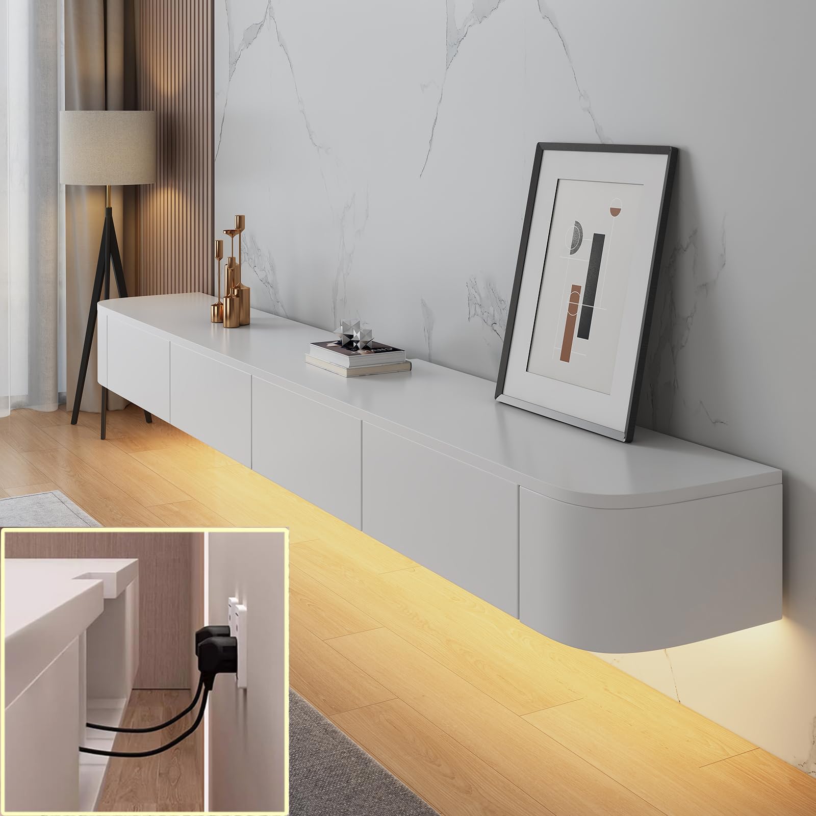 Consola TV galleggiante, mobile TV a parete, banco TV con grande spazio di archiviazione sotto la TV con cassetti, supporto per router (bianco + LED, 120 x 20 x 24 cm)