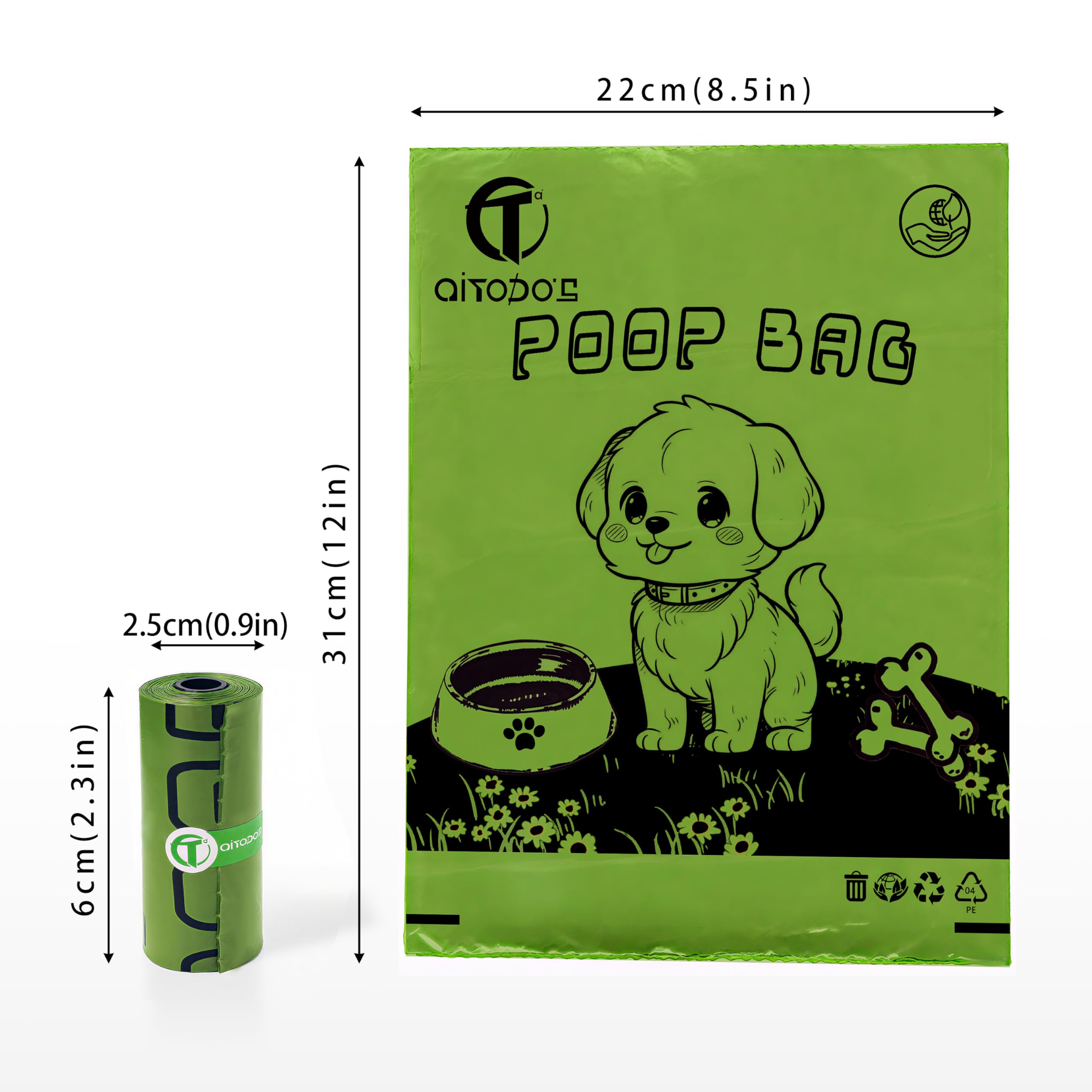 AiTodos® 600 pezzi Sacchetti Cane Cacca, Verde- Adatti per Uscire di Casa, Sacchetti Cane - 31x22 cm, Materiale in Polietilene, Bustine Cani, Portatili-(40 Rotoli, 15 per Rotolo)