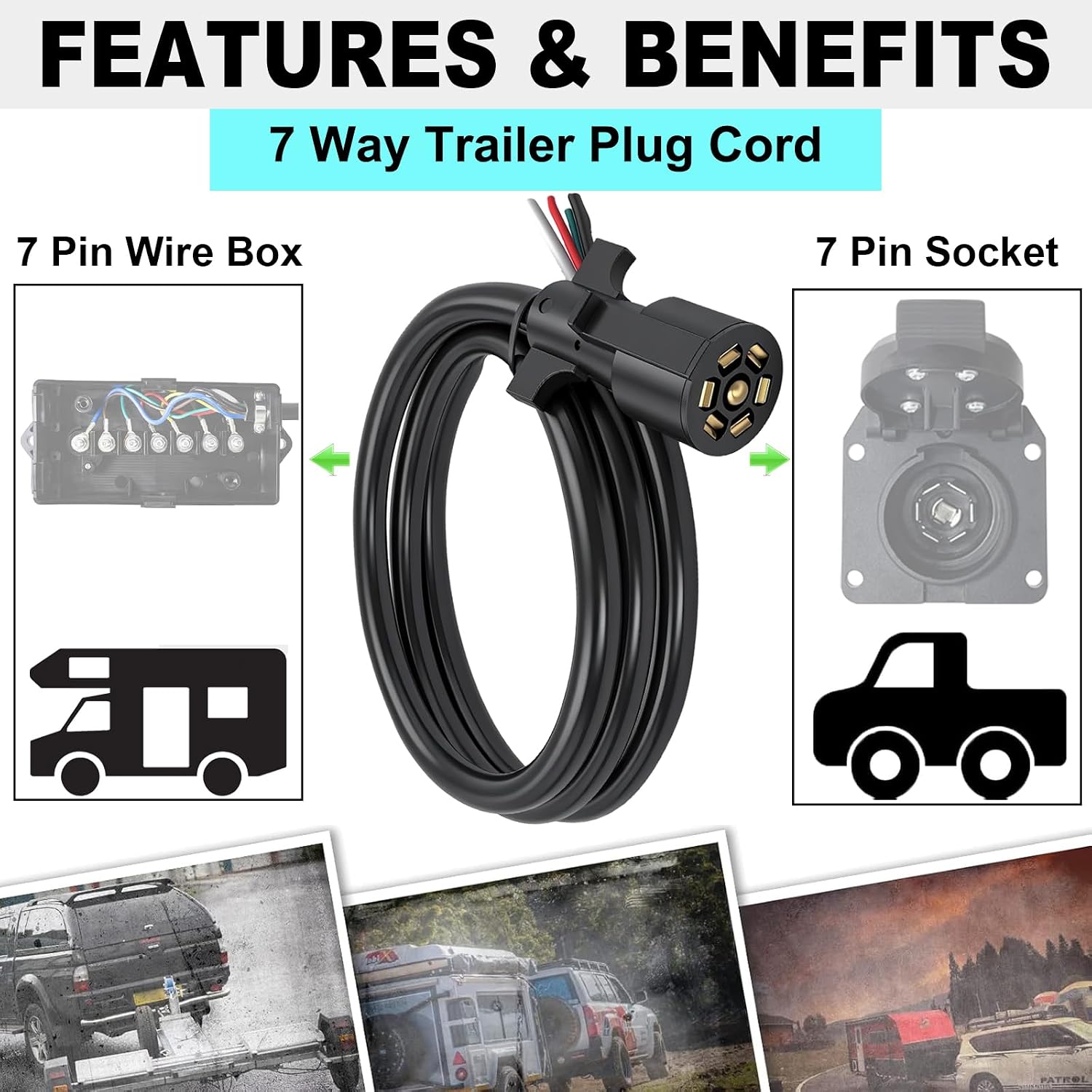 7 Way Trailer Cord, Heavy Duty 7 Way Trailer Plug Inline Cord Wire Harness Cable Double Prongs Connector 7 pin Trailer Wiring Harness 8 Feet for Camper Blade Molded RV Cable Wire(8ft)