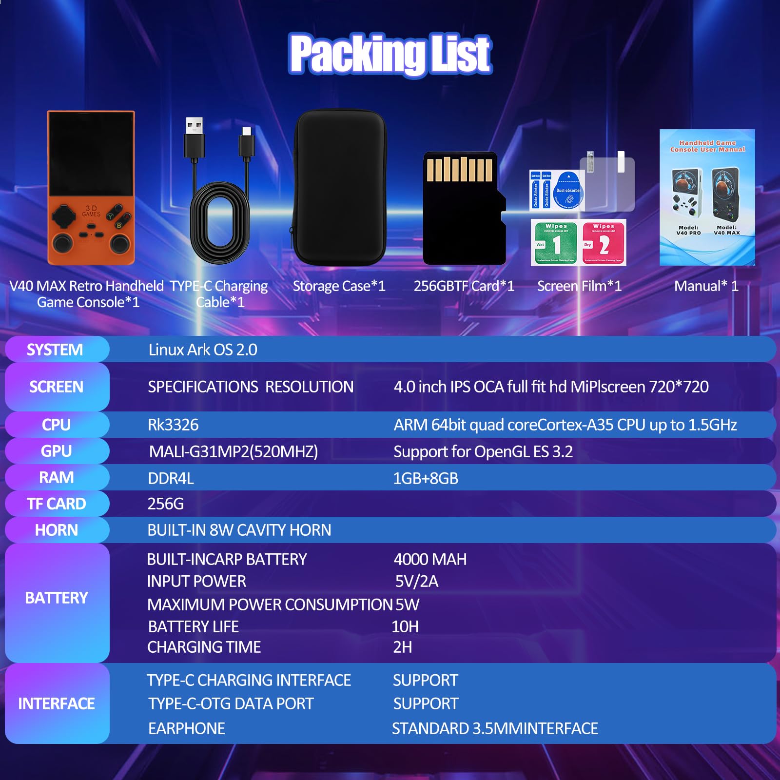 2025 Console di gioco portatile retrò V40 MAX con 256G integrato 20000+ giochi classici, schermo 4K HD IPS da 4,0 pollici sistema open source Linux, batteria da 4000 mAh, console portatile per