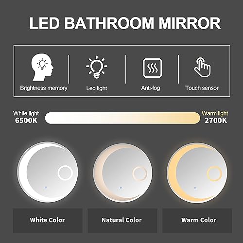 Miniatura 3 de Espejo de baño redondo LED de 30 pulgadas, espejo de tocador retroiluminado antivaho con luz de 3 colores, espejo de maquillaje iluminado regulable