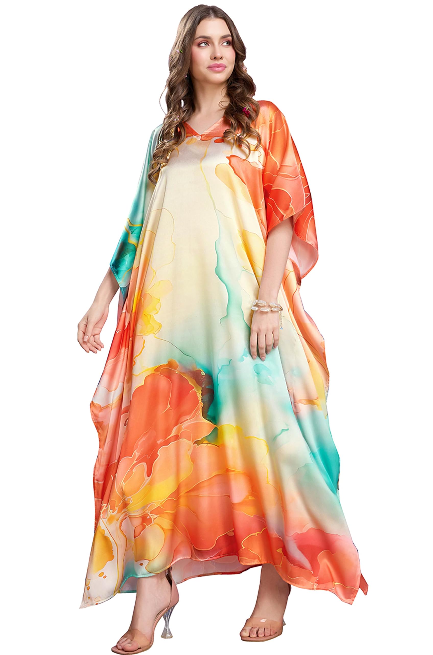 label aarna Satin Kaftan Dress for Women | Digital Print | Free Size M to 3XL | Hidden Adjustable Belt |Beautiful Breathable Outfit | Resort Wear | Minimal Outfit-picture-33