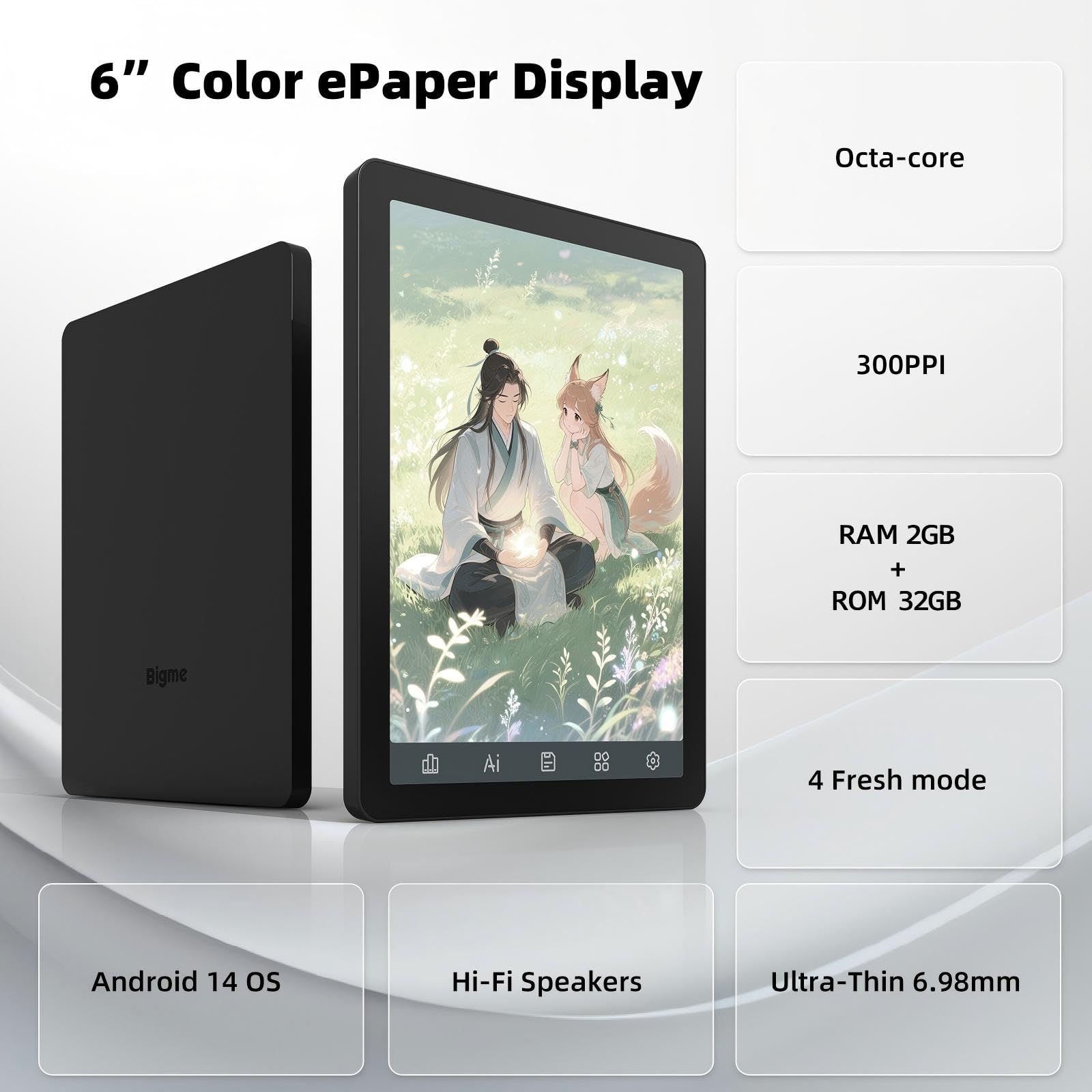Bigme B6 - E-Reader a colori, 6 pollici, tablet ePaper digitale con Android 14, 2G + 32GB, luce frontale regolabile, dispositivo Android eReader con audiolibro nero