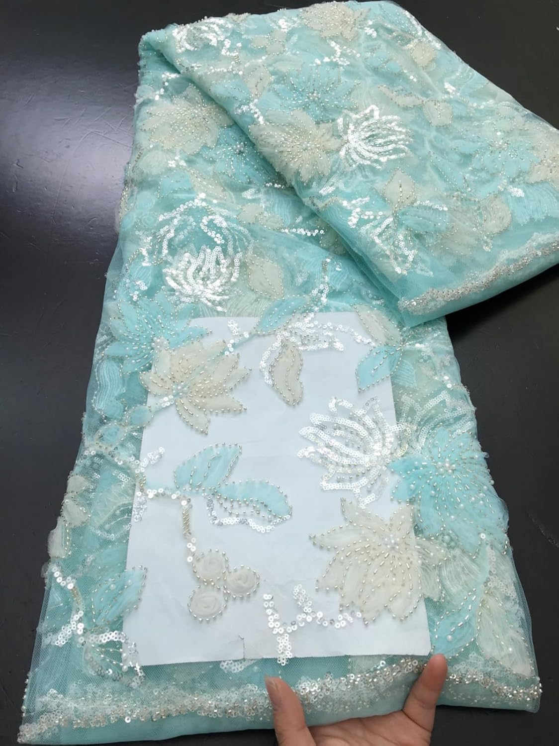 African Lace Fabric 5 Yards, Nigerian Jacquard Embroidery Textile Mesh Lace Fabric with Beads and Sequins for Party Dress Sewing