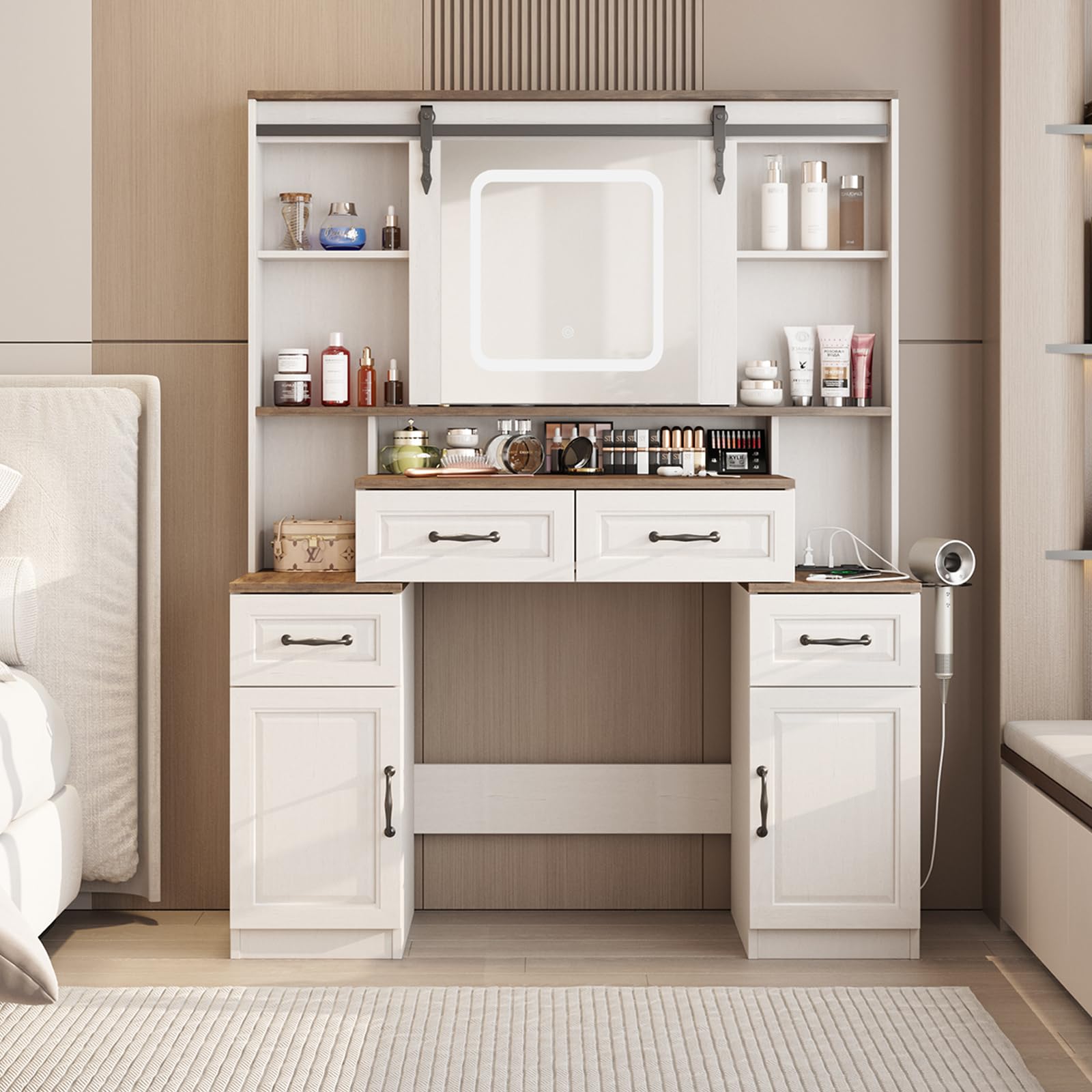 Farmhouse Makeup Vanity Desk with Mirror and Lights, White Vanity Table with Charging Station, Dressing Table with 4 Drawers & 2 Cabinets, Sliding Hidden Storage Space, 3 Color Lighting Modes