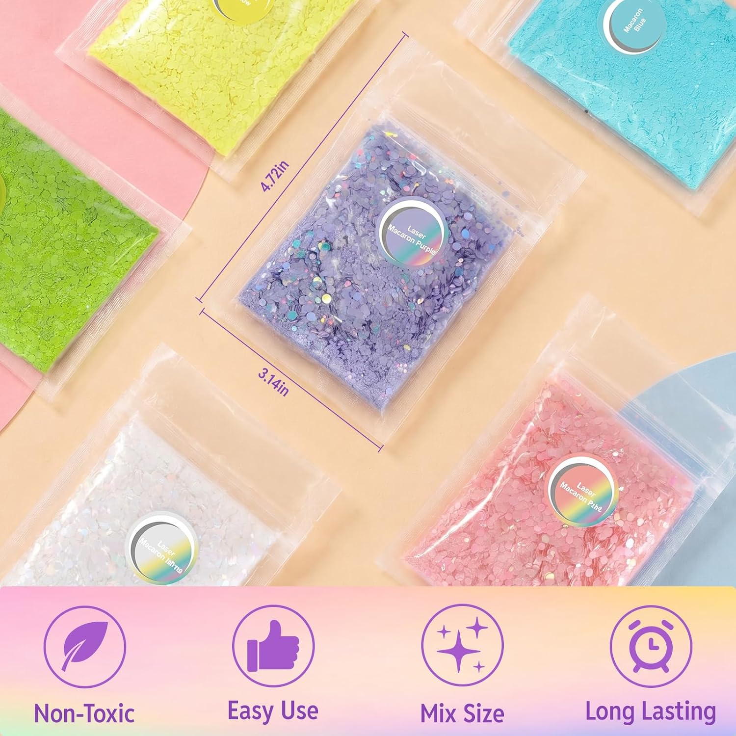 Matio Macaron Purple Holographic Chunky Glitter,0.7oz/20g Purple Glitter for Crafts,Iridescent Resin Nail Flake Sequin Mixed Fine Glitter Powder for Snowglobe Tumbler Nail Art DIY Slime Festival Decor
