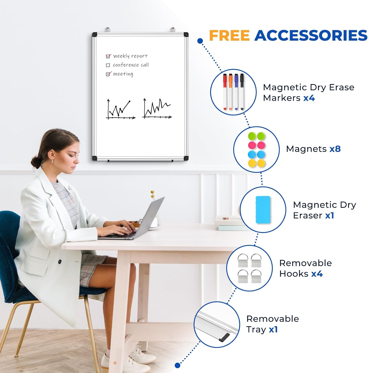 WALGLASS Double Sided White Board Dry Erase, 36''x24'' Magnetic Whiteboard for Wall with Aluminum Frame, Hanging Wall Mount Board for Home Office School Kitchen