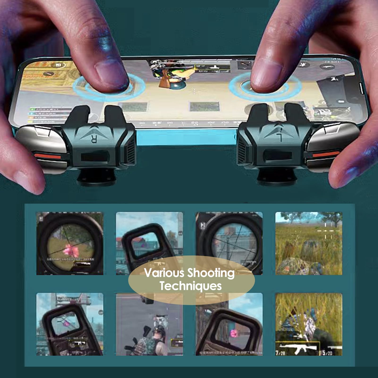 PUBG Triggers 6 Dita Joystick Controller 6 Dita Joystick Android e iPhone, Sensibilità Alta, Protezione Schermo - Compatibile con PUBG Mobile, Fortnite, Call of Duty - Nero