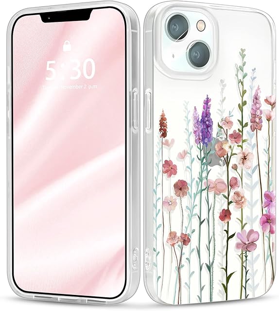 Gronda for iPhone 13 Case Clear with Screen Protector & Camera Lens Protector, Pink Floral Pattern Design Shockproof Soft TPU Cover Slim Protective for Girls Woman iPhone 13 Cases Flower
