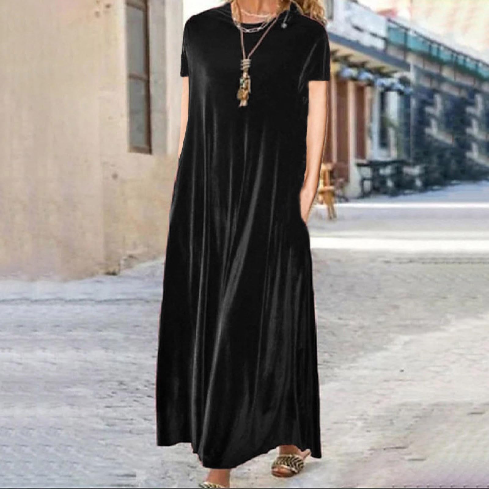 Generisch Vestido largo de terciopelo dorado con cuello redondo para mujeres elegantes delgadas