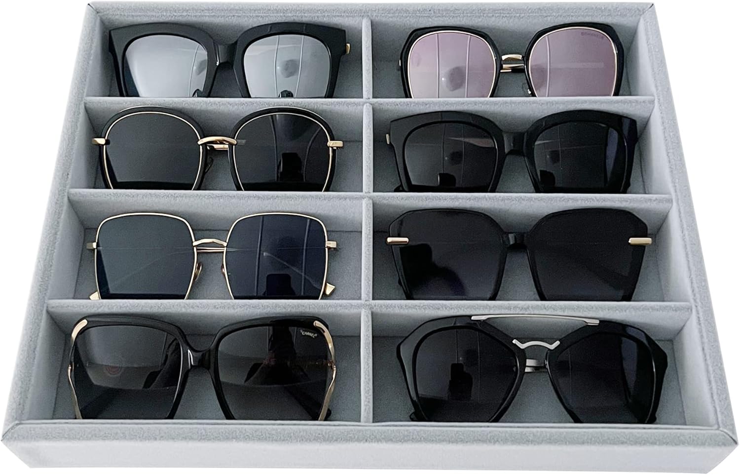 Velvet Grey Jewelry Trays Premium Grade Drawer Insert Divider Stackable Eyewear Organizer (sunglasses tray)