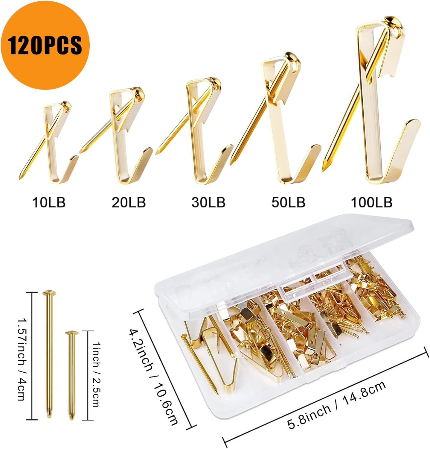 120Pcs Picture Hangers Kit 10lb, 20lb, 30lb, 50lb, 100lb, Gold Metal Picture Hanging Hooks with Nails for Drywall Decor