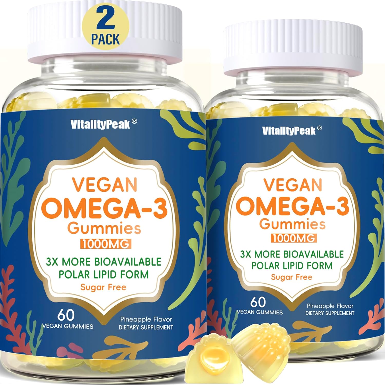 Vegan Omega 3 Gummies 1000mg - Algae Omega 3 Supplement for Women & Men with CoQ10, Vitamin D3, K2 & Turmeric - Fish Oil Alternative for Adults with DHA EPA for Brain, Eye- Sugar Free, 120 Count