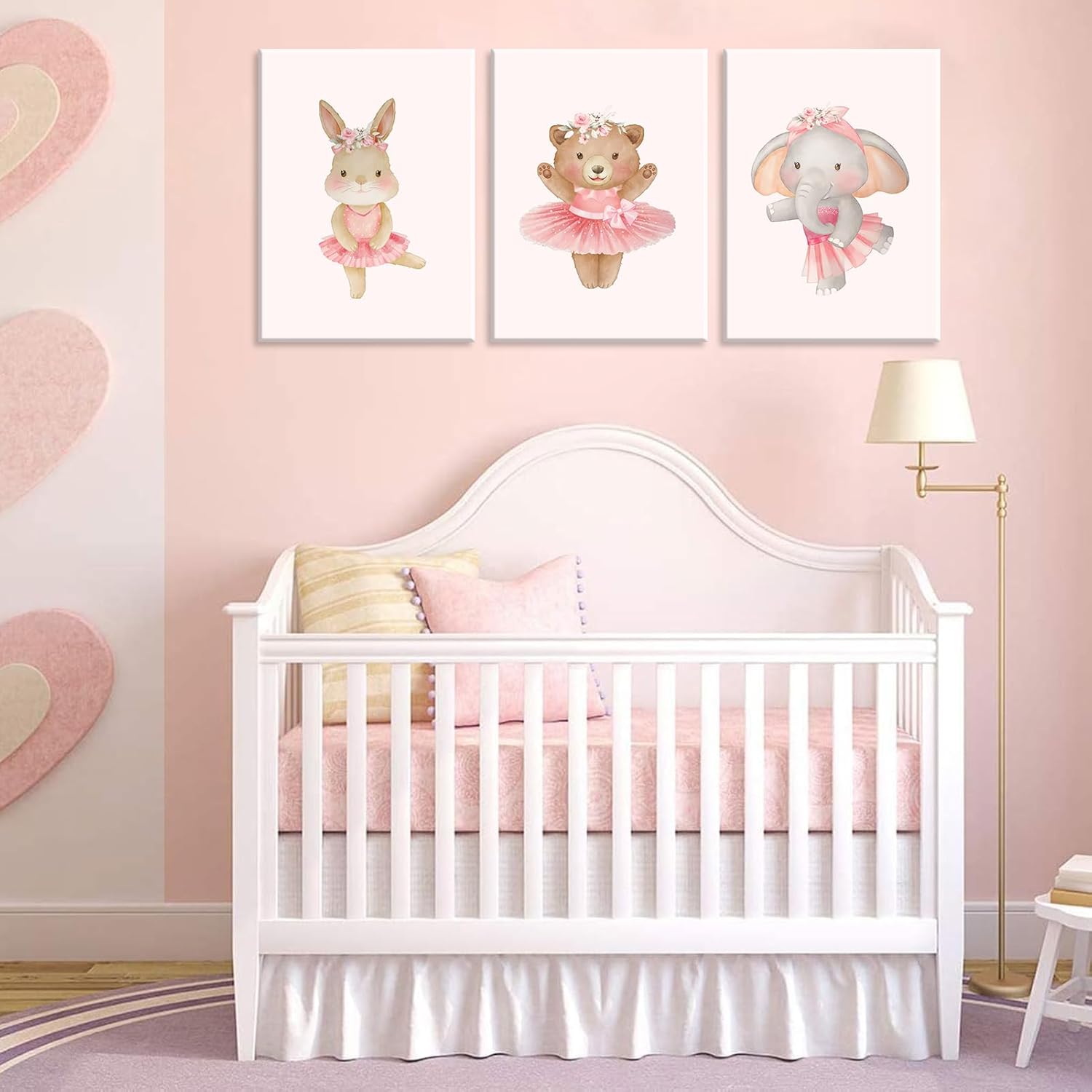 3Pcs Pink Ballerina Animals Canvas Wall Art Cute Elephant Bunny Bear Wall Decor Pictures Nursery Baby Room Posters Prints for Girls Room Bedroom Home Decoration 16x24in