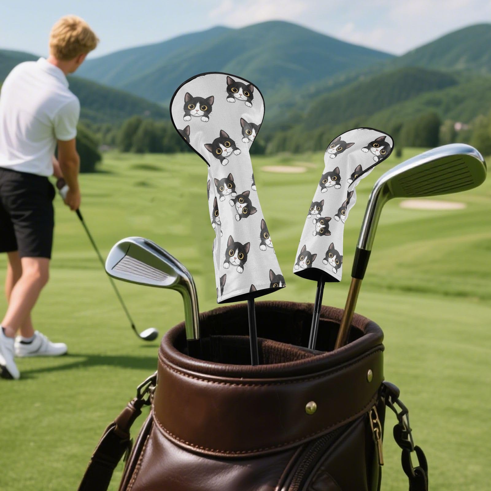 Copritesta per mazze da golf per mazze da golf in legno ibrido con simpatico gatto grigio in pelle PU con etichette numeriche, per donne e