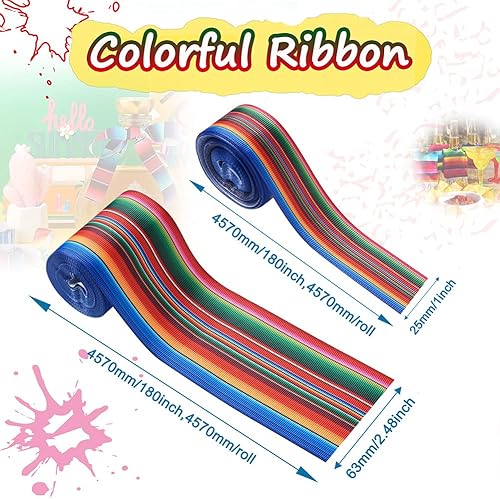 Miniatura 2 de 2 rollos de 2 estilos de cinta de color arcoíris para fiesta, cinta de serape mexicano de 0.984 in y 2.480 in de poliéster a rayas para bricolaje,
