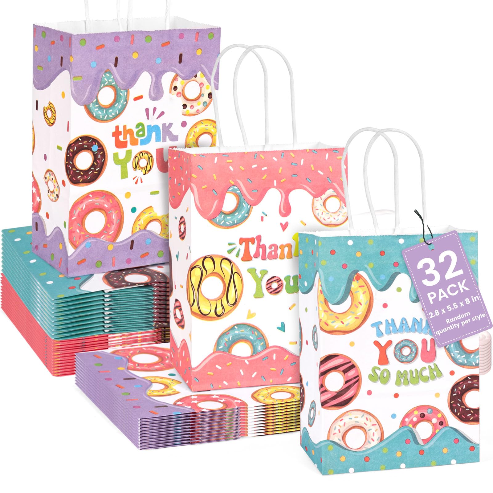 JOHOUSE 32PCS Donut Gift Bags, 5.5x2.8x8 Inches Paper Gift Bags with Handles Party Favor Bags Paper Shopping Bags, Birthday Colorful Retail Bags, Recyclable Bags, Thank You Gift Bags