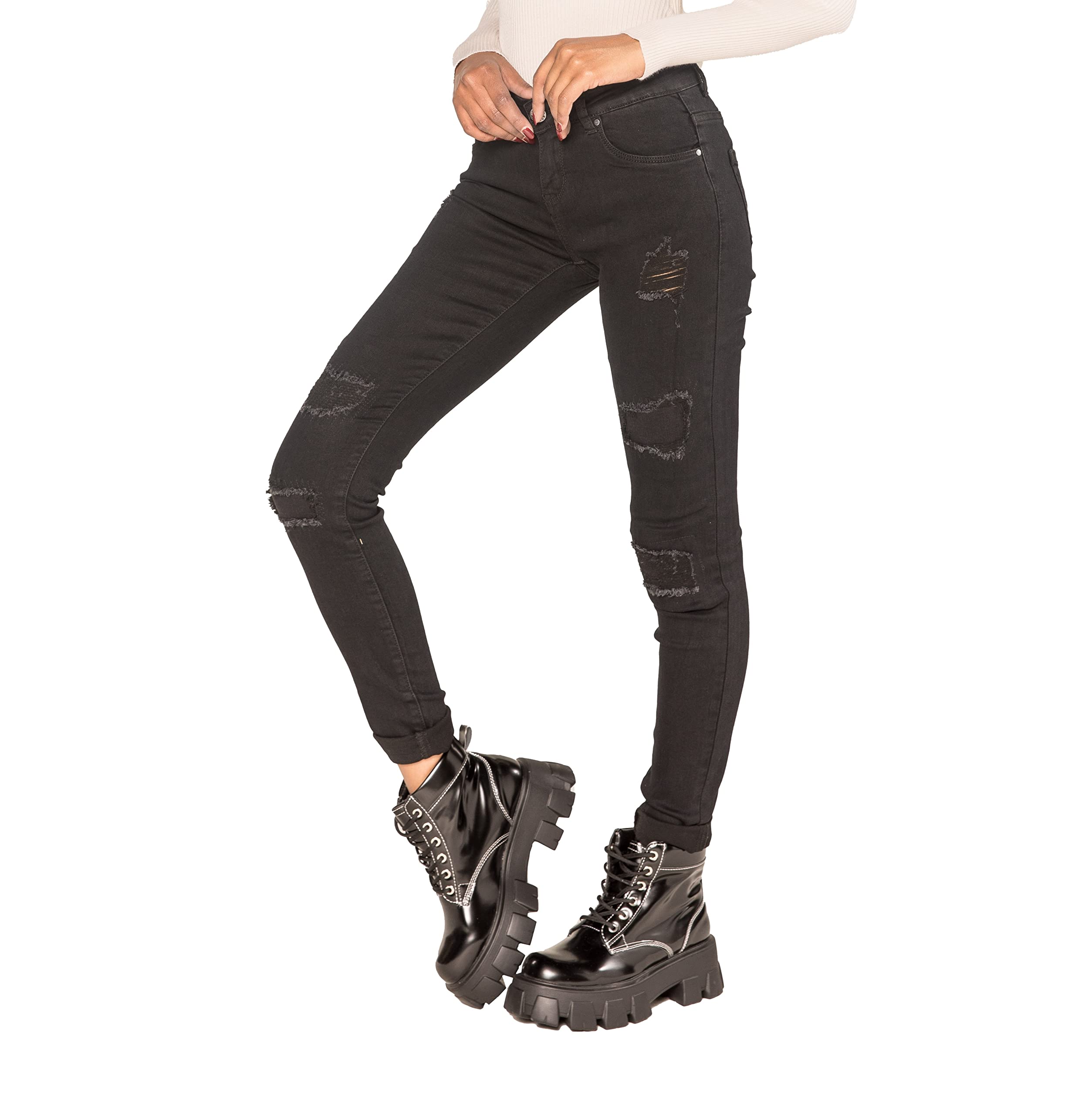 Nina Carter P100 Jean coupe skinny pour femme Taille basse avec effets usés Effet délavé