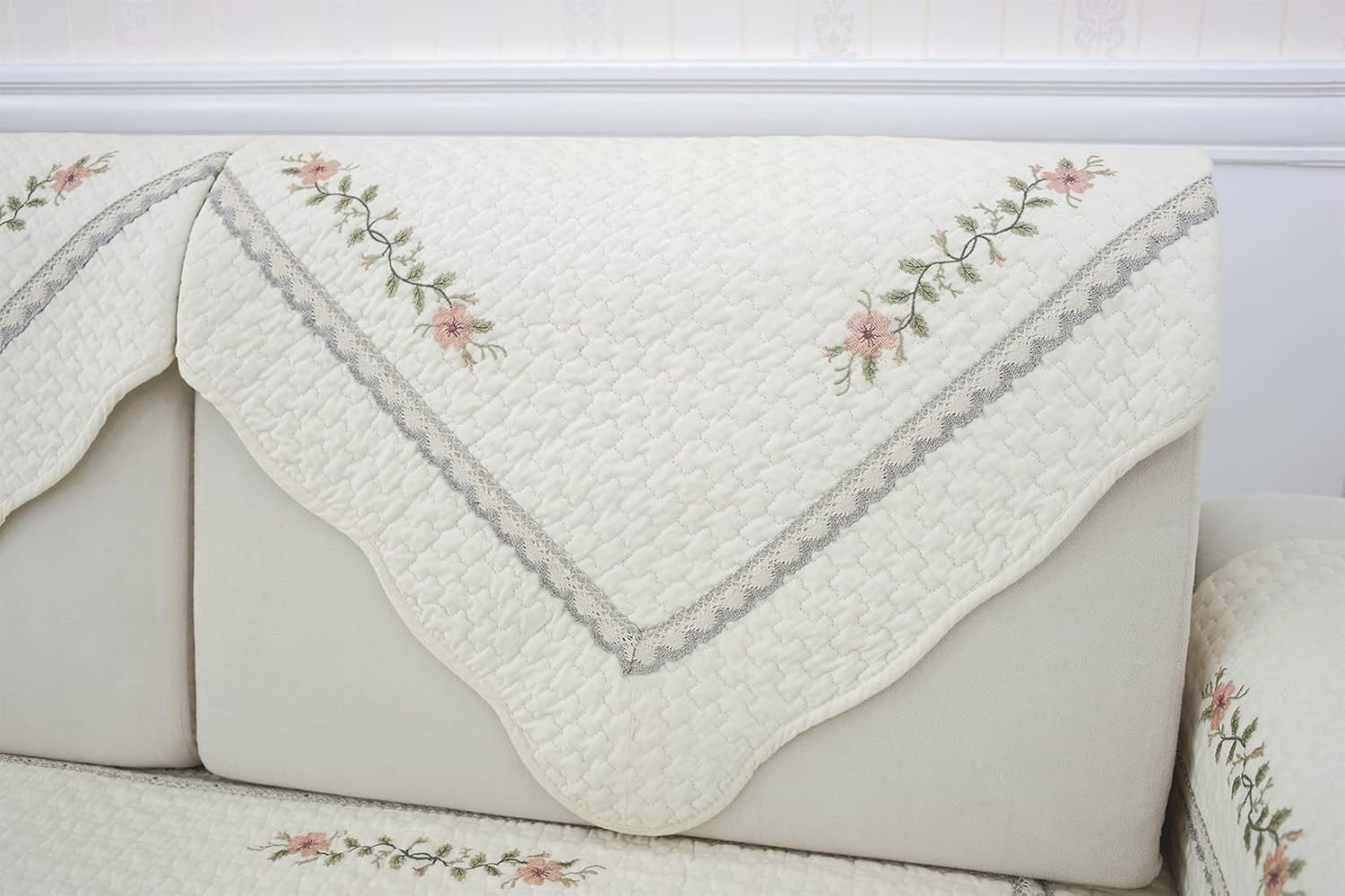 vctops Boho Floral Embroidery Sofa Cover Couch Cover Cotton Quilted Sectional Couch Covers Non Slip Soft Furniture Protector for Dogs, Children, Pets Sofa Slipcover Machine Washable (Cream,43"x43")
