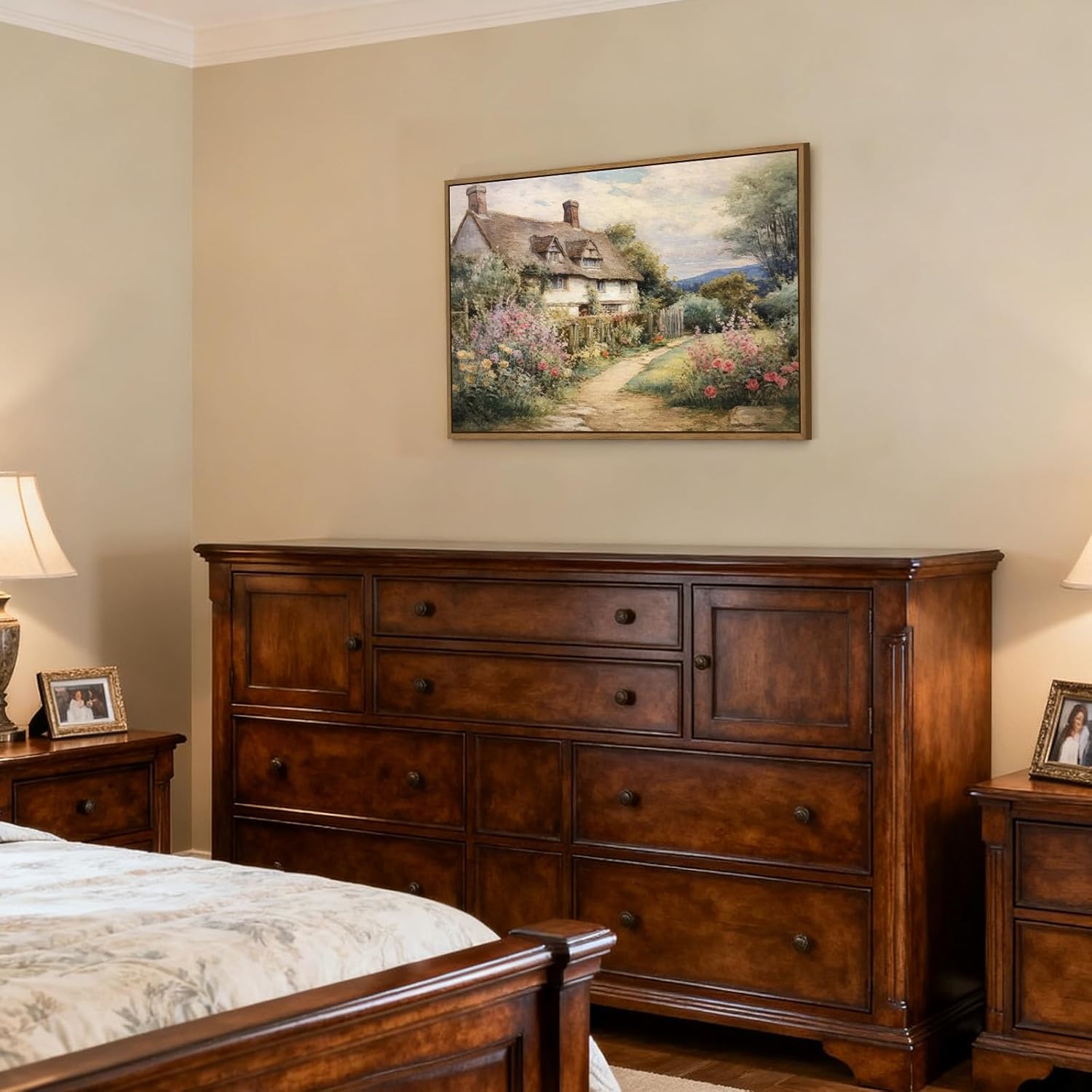 Vintage Cottage Garden Canvas Wall Art Country Landscape Art Prints Rustic Oil Painting Village Pictures Aesthetic Artwork Framed Wall Decor for Living Room Bedroom Farmhouse Office Decor, 16x24 inch