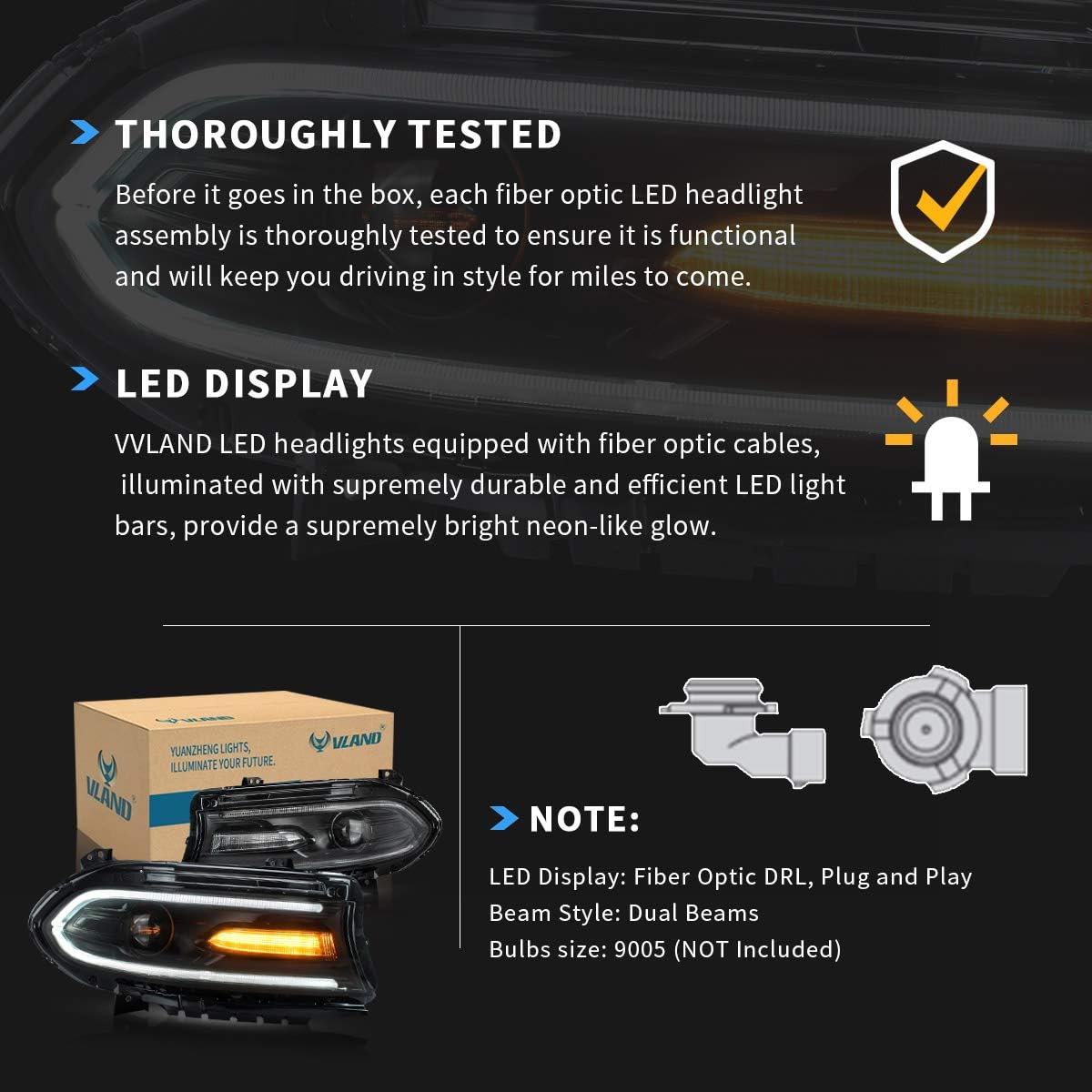 VLAND Projectors Led Headlight Compatible with Dodge Charger 2015-2023(Not Fit Xenon Models) w/Dual Beam Lens LHD Passenger+Driver Sides, Bulbs Size 9005(Not Included)