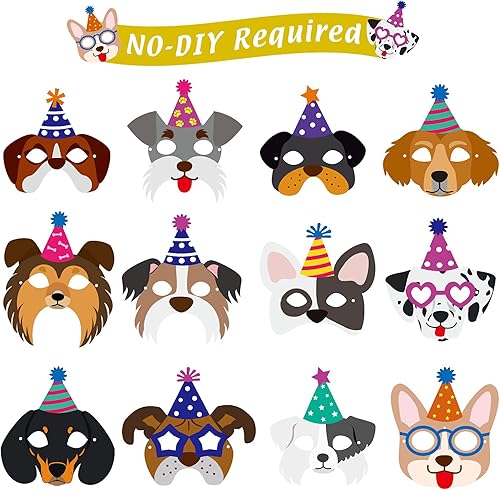 12 máscaras y guirnaldas de cumpleaños para perros, divertidas máscaras de papel para decoración de fiestas temáticas de perros, pancarta de