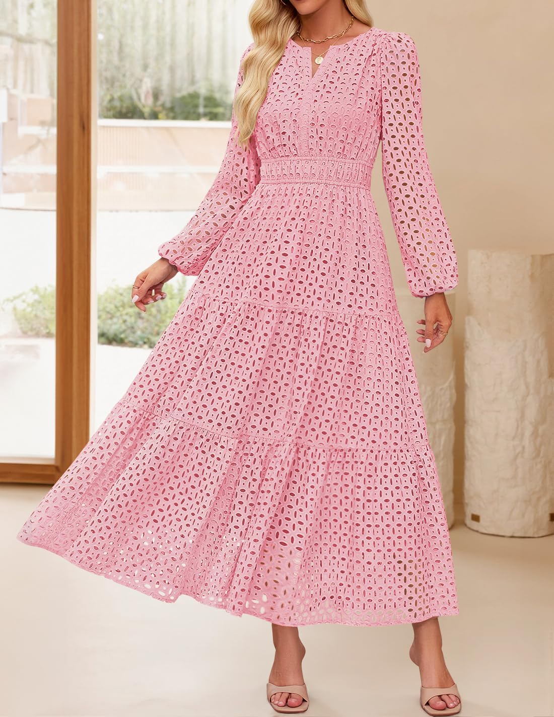 ZESICA Women's 2026 Spring Long Sleeve Maxi Dress V Neck Hollow Out Eyelet A Line Long Flowy Casual Party Dresses - Image 9