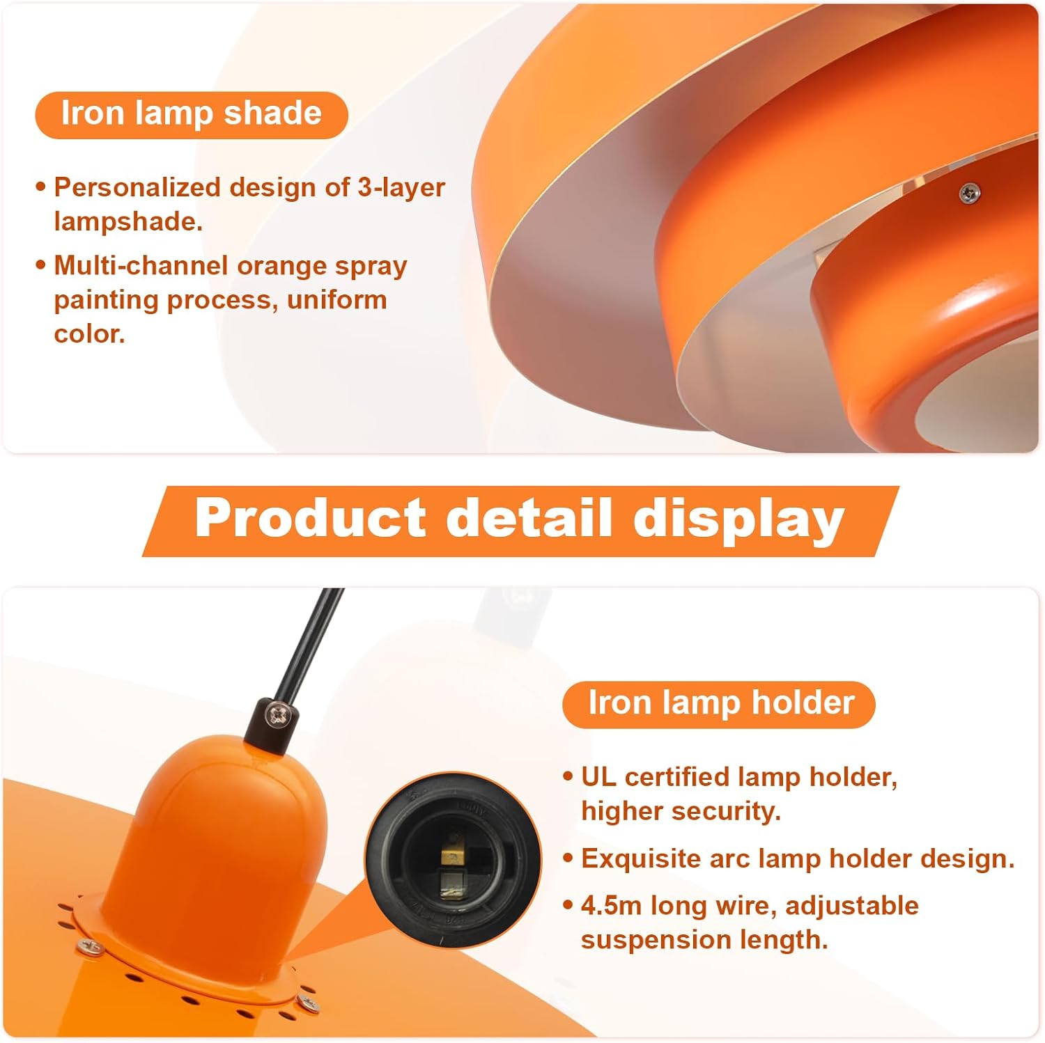 17.7" Plug in Light for Ceiling, Vintage Hanging Light with Plug in Cord 3-Layer Metal Shade Orange Mid Century Chandelier Plug in Pendant Lights for Dining Room Living Room Hallway