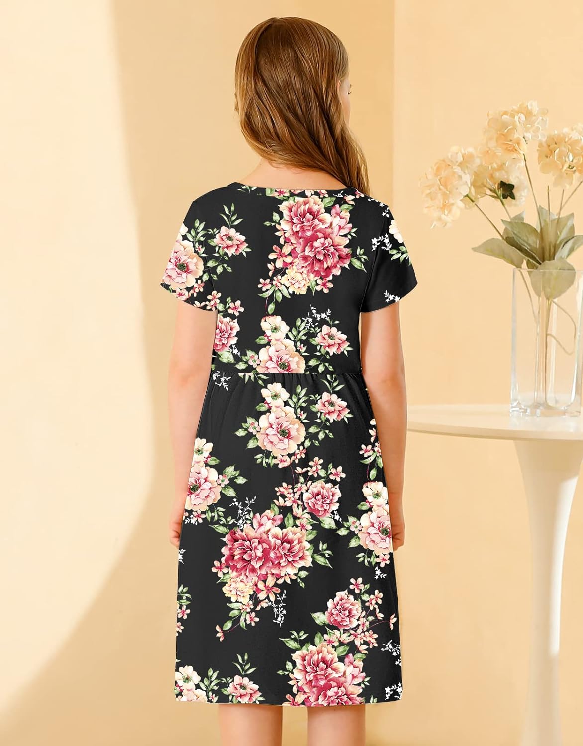 KYMIDY Girls Short Sleeve Floral Dress Kids Boho Casual Twirly Skater Dress with Pockets for Girls 6-13 Years - Image 6