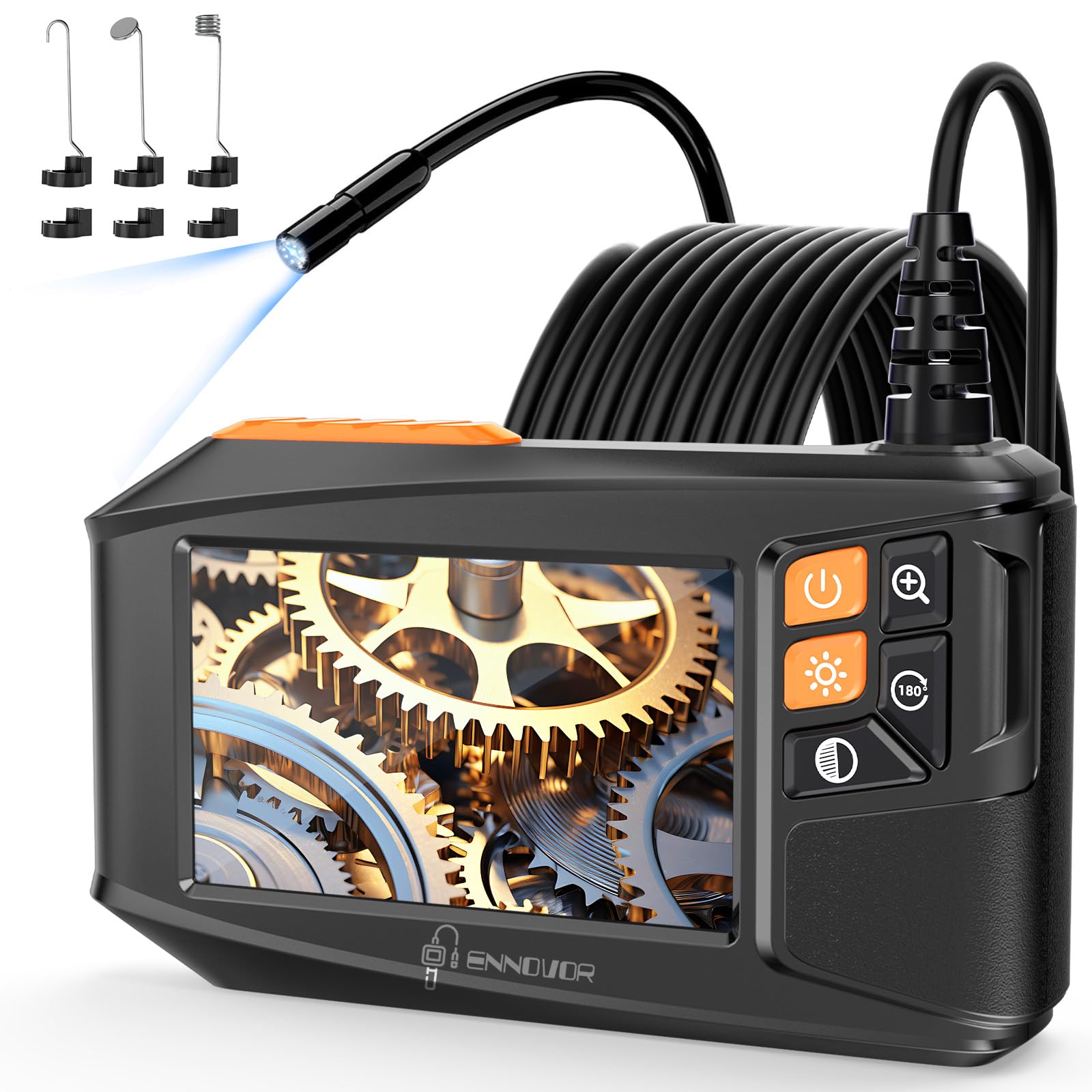 Endoscopio Industriale, 1920P HD Telecamera Endoscopica Snake, Telecamera Ispezione Tubi con Schermo da 4,3", IP67 Impermeabile Sonda Telecamera con 8 LED Regolabili, Cavo Semirigido - 5 M