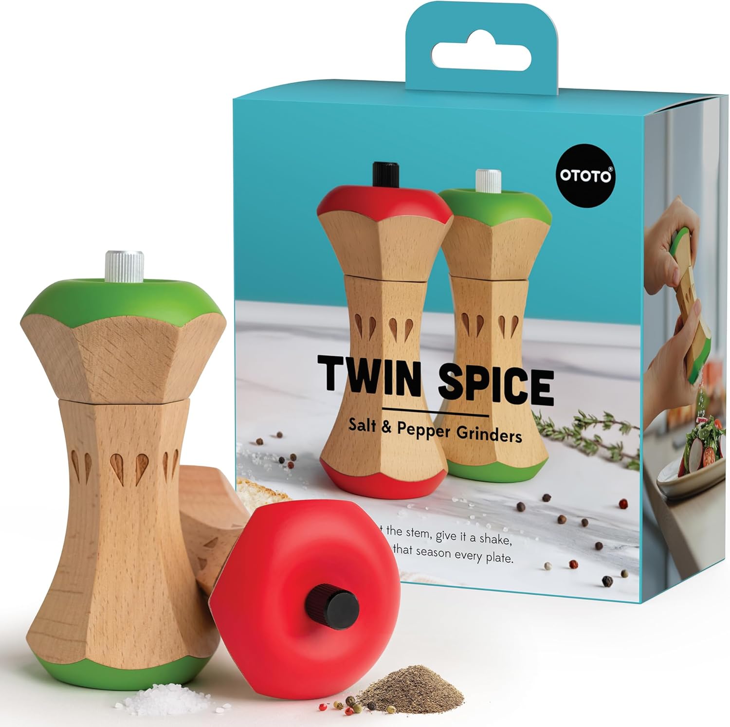 OTOTO Twin Spice Salt and Pepper Grinder Set - Apple-Designed Unique Kitchen Gadgets, Cute Kitchen Accessories, Pepper Spice Grinder, Salt and Pepper Shakers Set, Apple Gift, Kitchen Cooking Gifts