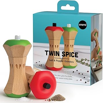 OTOTO Twin Spice Salt and Pepper Grinder Set - Apple-Designed Unique Kitchen Gadgets, Cute Kitchen Accessories, Pepper Spice Grinder, Salt and Pepper Shakers Set, Apple Gift, Kitchen Cooking Gifts