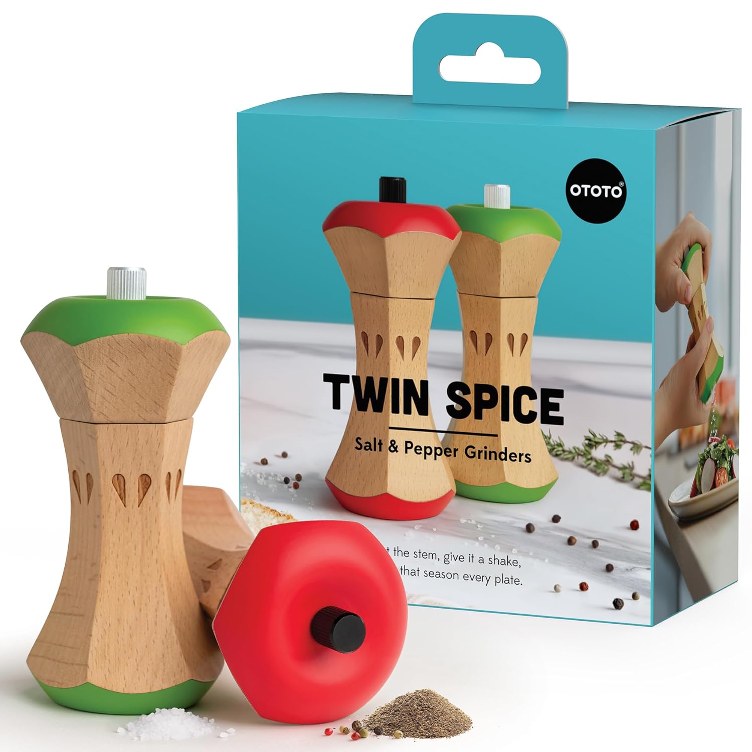OTOTO Twin Spice Salt and Pepper Grinder Set - Apple-Designed Unique Kitchen Gadgets Cute Kitchen Accessories Pepper Spice