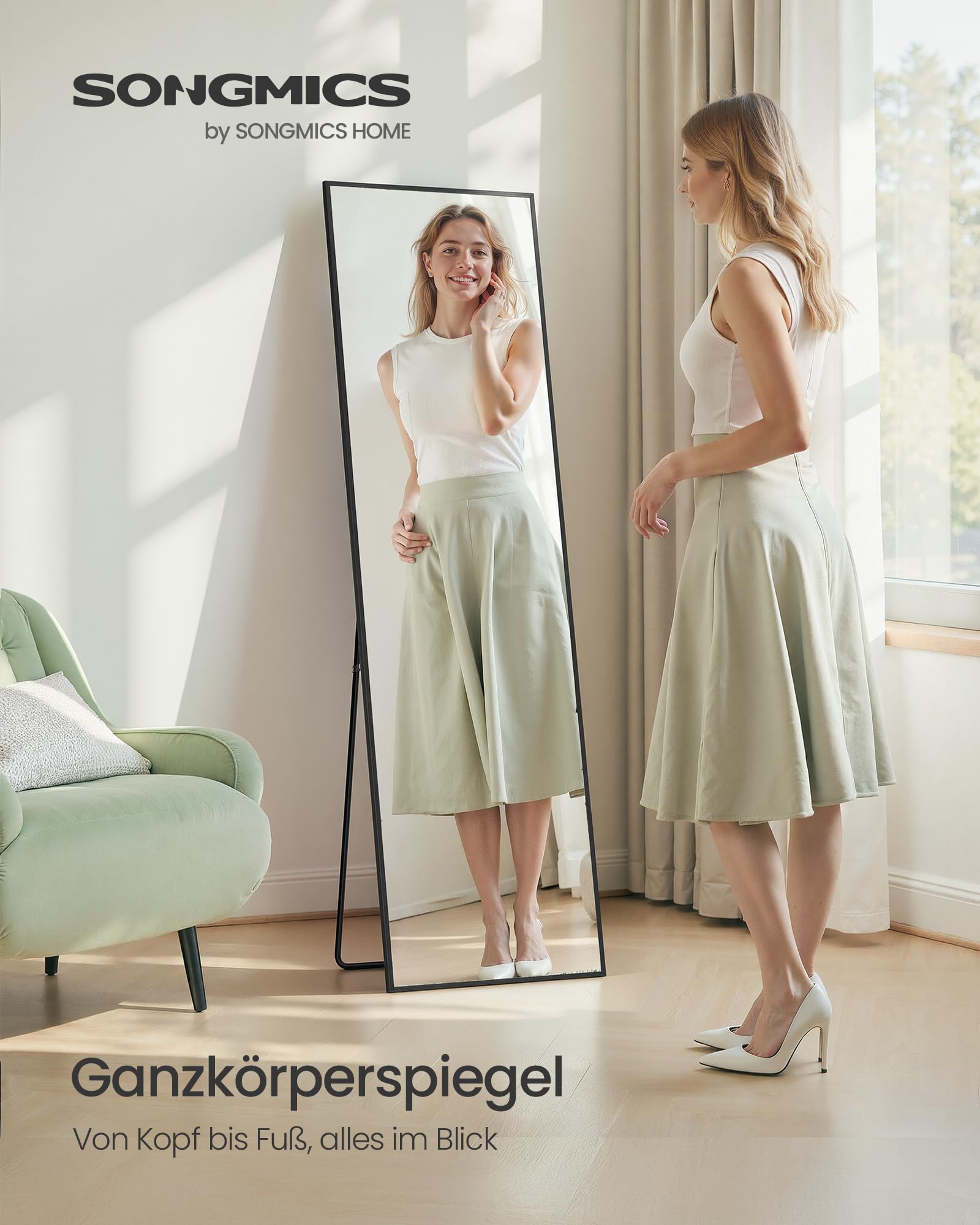 SONGMICS Ganzkörperspiegel, 150 x 40 cm, rechteckiger Standspiegel, Rahmen aus Aluminiumlegierung, Hartglas, quadratische Ecke, für Schlafzimmer, Wohnzimmer, Garderobe, tintenschwarz LFM054BD01