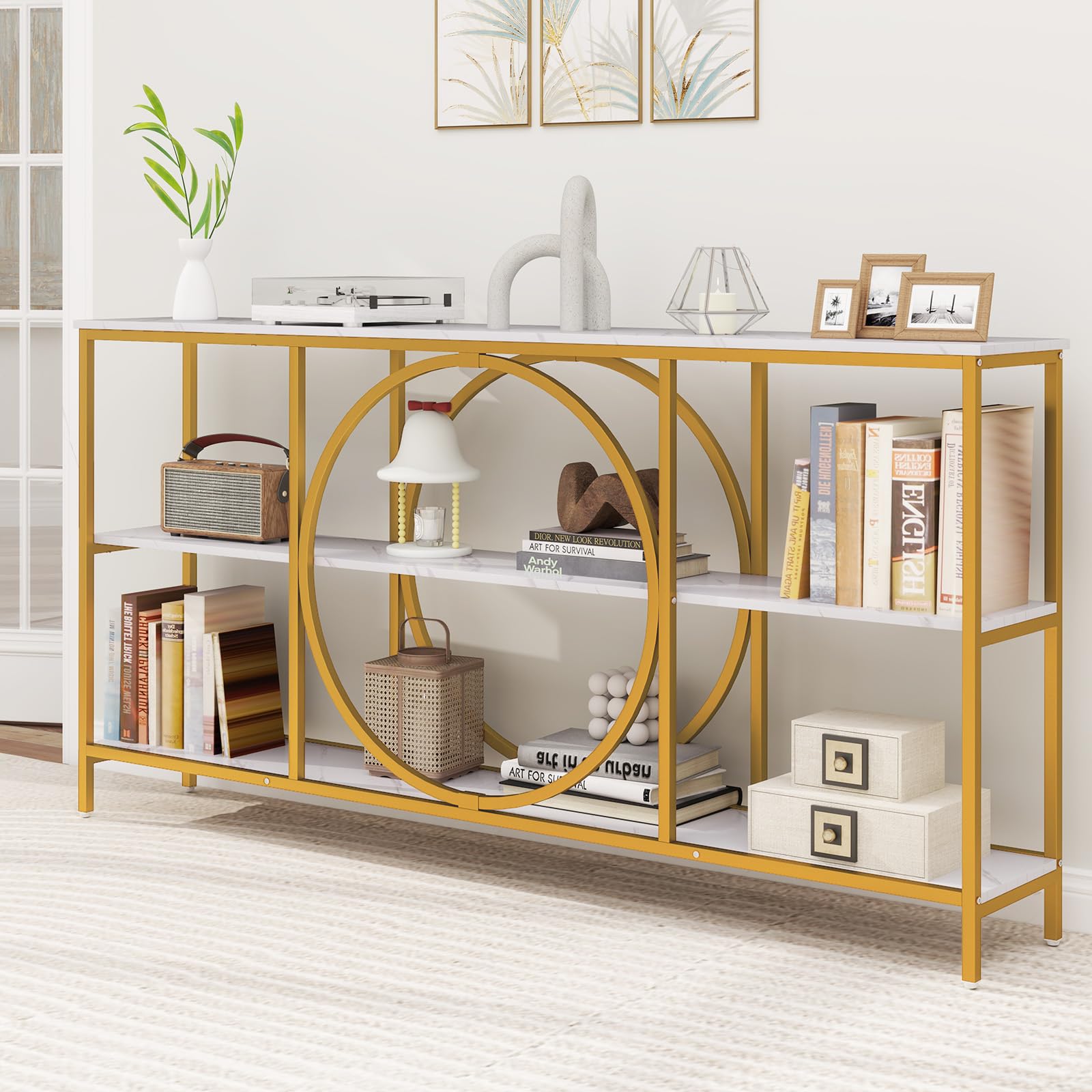GIANTEX Tavolo consolle in marmo oro, tavolo d'ingresso, 180 x 30 x 90 cm, grande, tavolo da corridoio a 3 livelli con struttura in metallo, tavolino sottile, tavolino da divano, tavolo da soggiorno