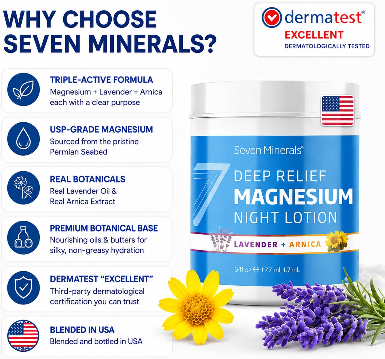 Seven Minerals Deep Relief Magnesium Night Lotion - Lavender + Arnica Cream for Deep Sleep & Muscle Relief - Calms Legs, Soothes Sore Back, Neck & Shoulders - Blended in USA, 6 Fl Oz — Amazon image 3