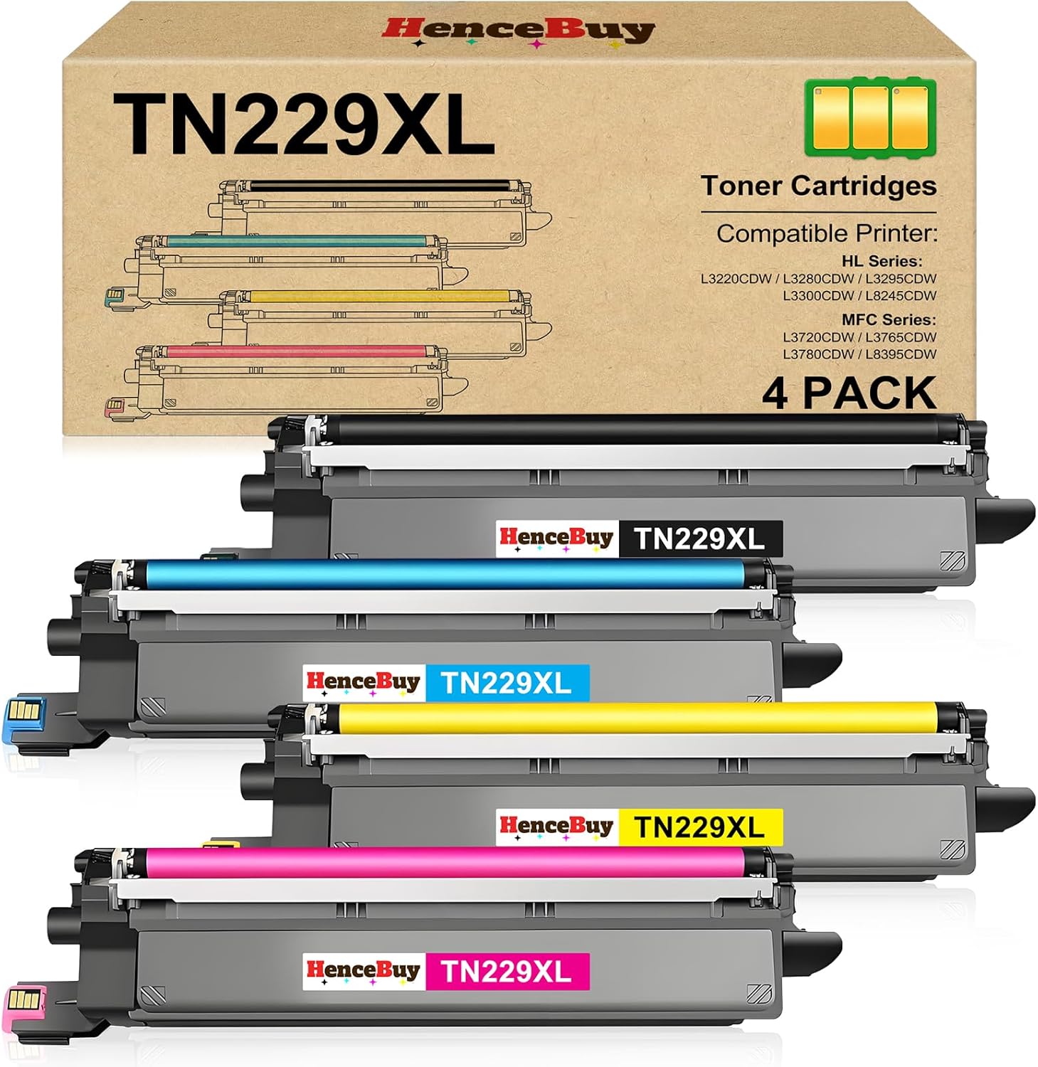 TN229XL TN229 Toner Replacement for Brother TN229 TN229XL Toner Cartridge Work with Brother MFC-L3780CDW MFC-L3720CDW HL-L3280CDW HL-L3220CDW HL-L3300CDW HL-L3295CDW Printer (TN229XL BK/C/M/Y-4 Pack)