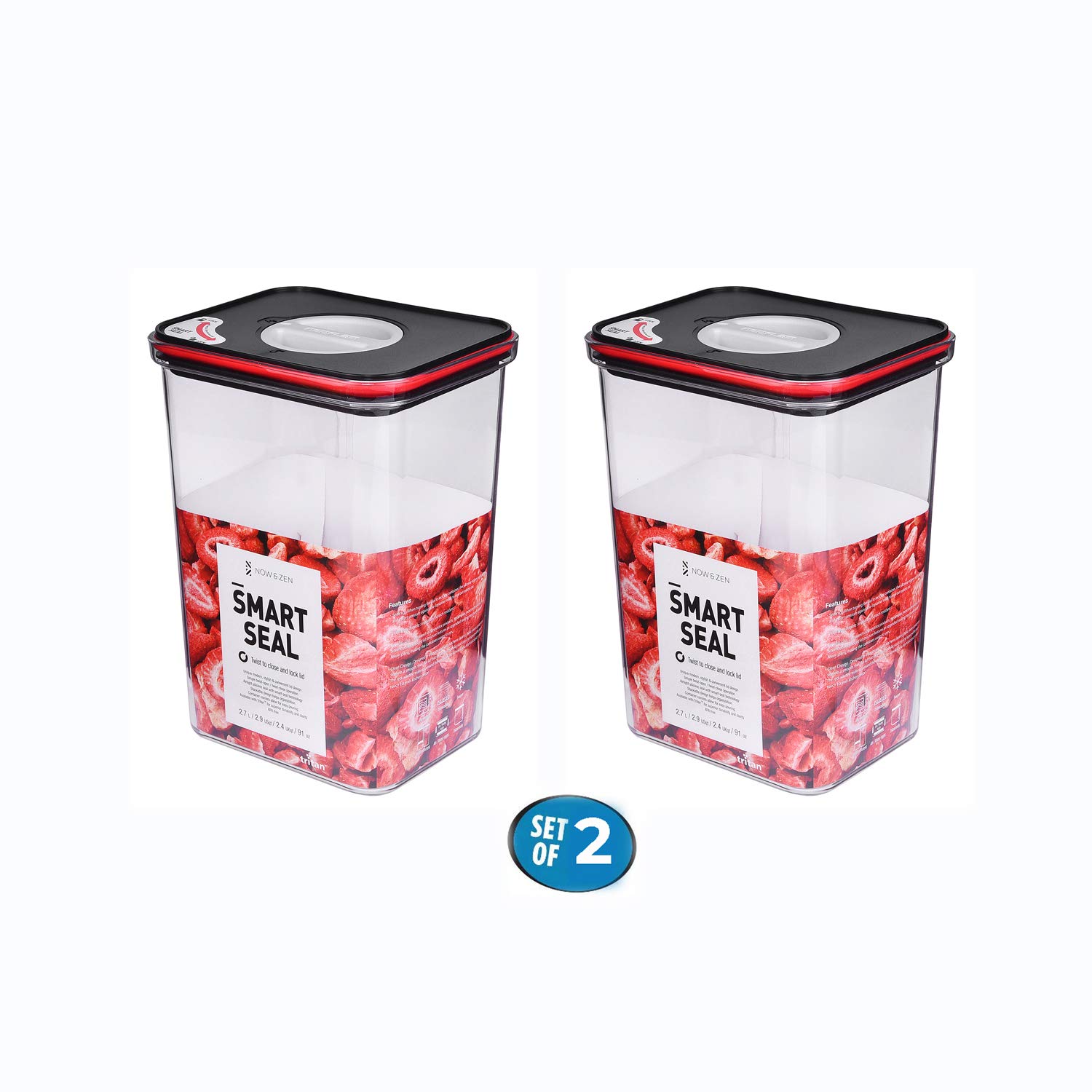 Now & Zen Smart Seal - Recipiente apilable para almacenamiento de cocina, sin BPA, apto para alimentos, recipiente de plástico Tritan con tapas giratorias, hermético y a prueba de fugas, apto para