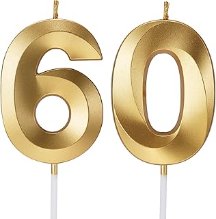 60th Birthday Candles for Cakes Numbers Candle Happy 60 Birthday 3D Designed Wedding Anniversary Party Cake Topper Decorations (60, Gold)