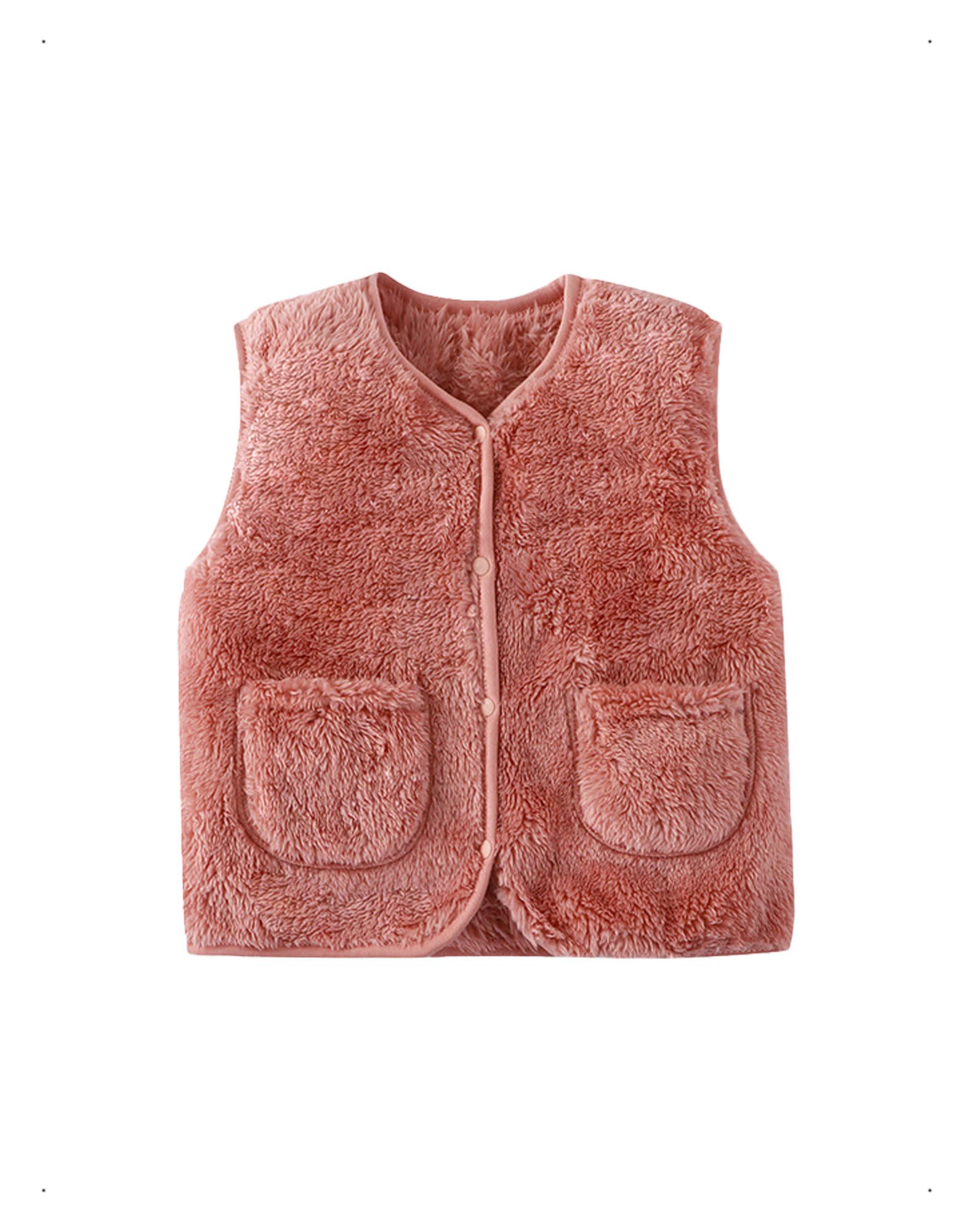 Bébé Fille Gilet Sans Manche en Polaire, Tout-Petit Mignon Fille Automne Hiver Veste sans Manches, Chaud Bouton-Pression Enfant Veste, Unisexe Vêtements avec Poches Beige/Rose, 1 à 7 Ans