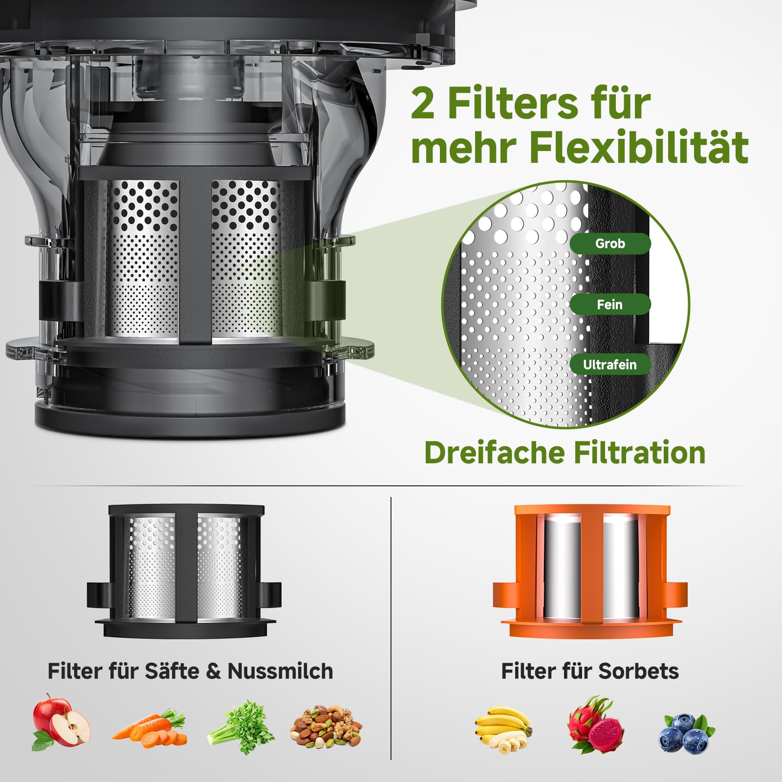 AMZCHEF Slow Juicer 600W 160 mm Einfüllschacht 2,5L Kaltpresse Saftpresse Matt Schwarz